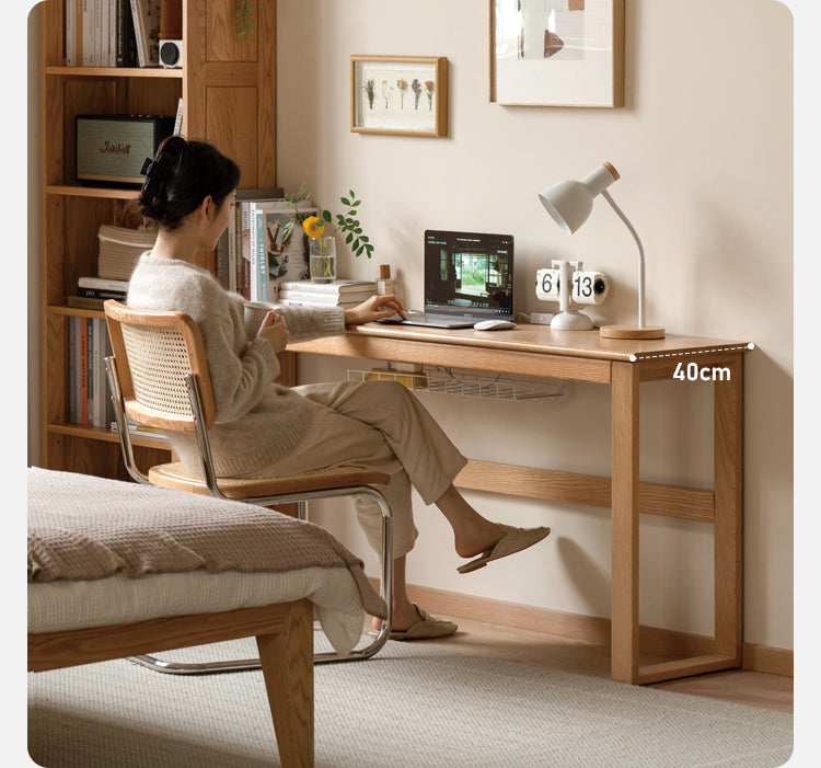 Solid Oak and Poplar Wood Long Narrow Desk - Modern Minimalist Home Office Writing Table for Small Spaces | Perfect for Study, Work, and Laptop Use