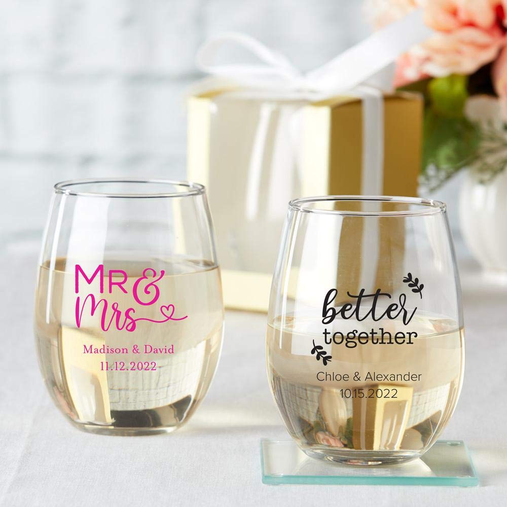 Personalized Stemless Wine Glass 9 oz - 72pcs White Custom Wedding Favors, Bridal Shower Party Gifts with Custom Text - Perfect for Weddings, Anniversaries & Special Events