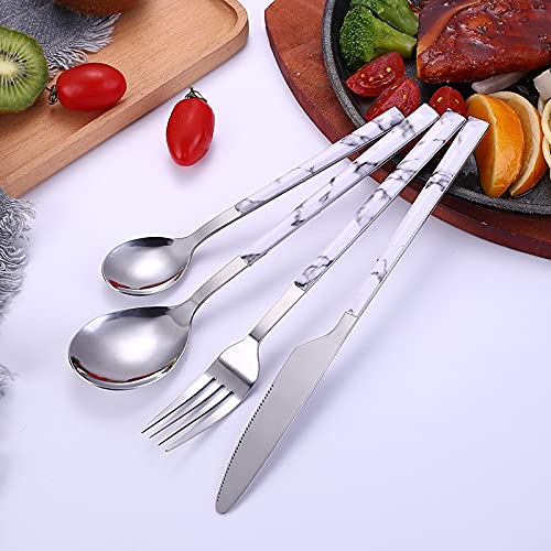 24-Piece Stainless Steel Silverware Set - Luxury Dinnerware Cutlery with Imitation Marble Wood Grain Handle (Knife, Fork, Spoon) - Elegant Table Setting for Weddings, Parties & Fine Dining (White)