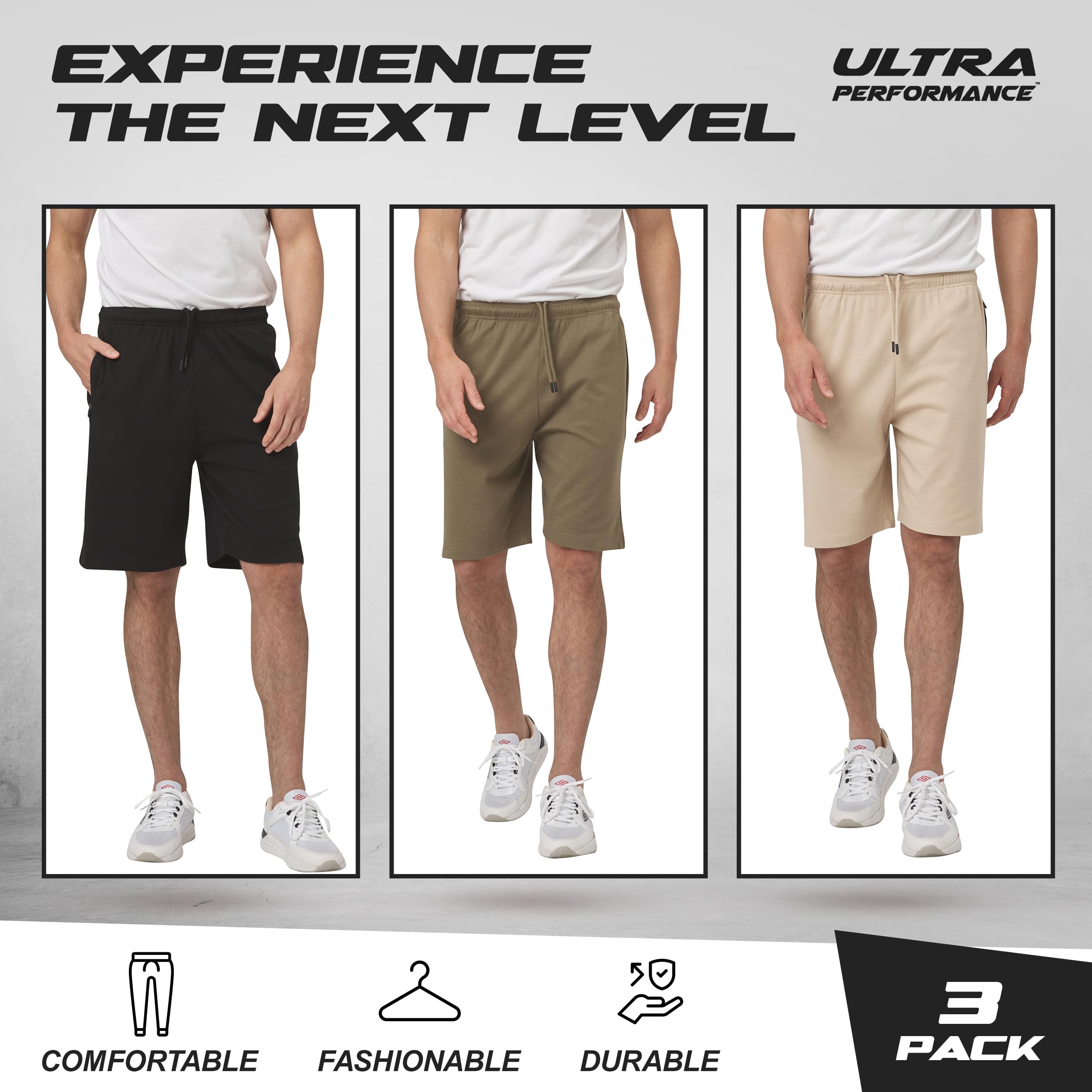 Ultra Performance 3 Pack Men's Athletic Shorts - Gym Workout Running Casual Shorts with Zipper Pockets (Sizes Small to 5X) - Perfect for Training, Jogging & Everyday Wear