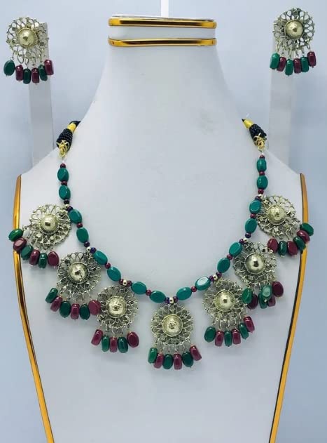Handmade Beaded Stone Motifs Choker Necklace with Matching Earrings Set | Traditional Afghani Jewelry | Perfect for Weddings, Parties & Ethnic Fashion