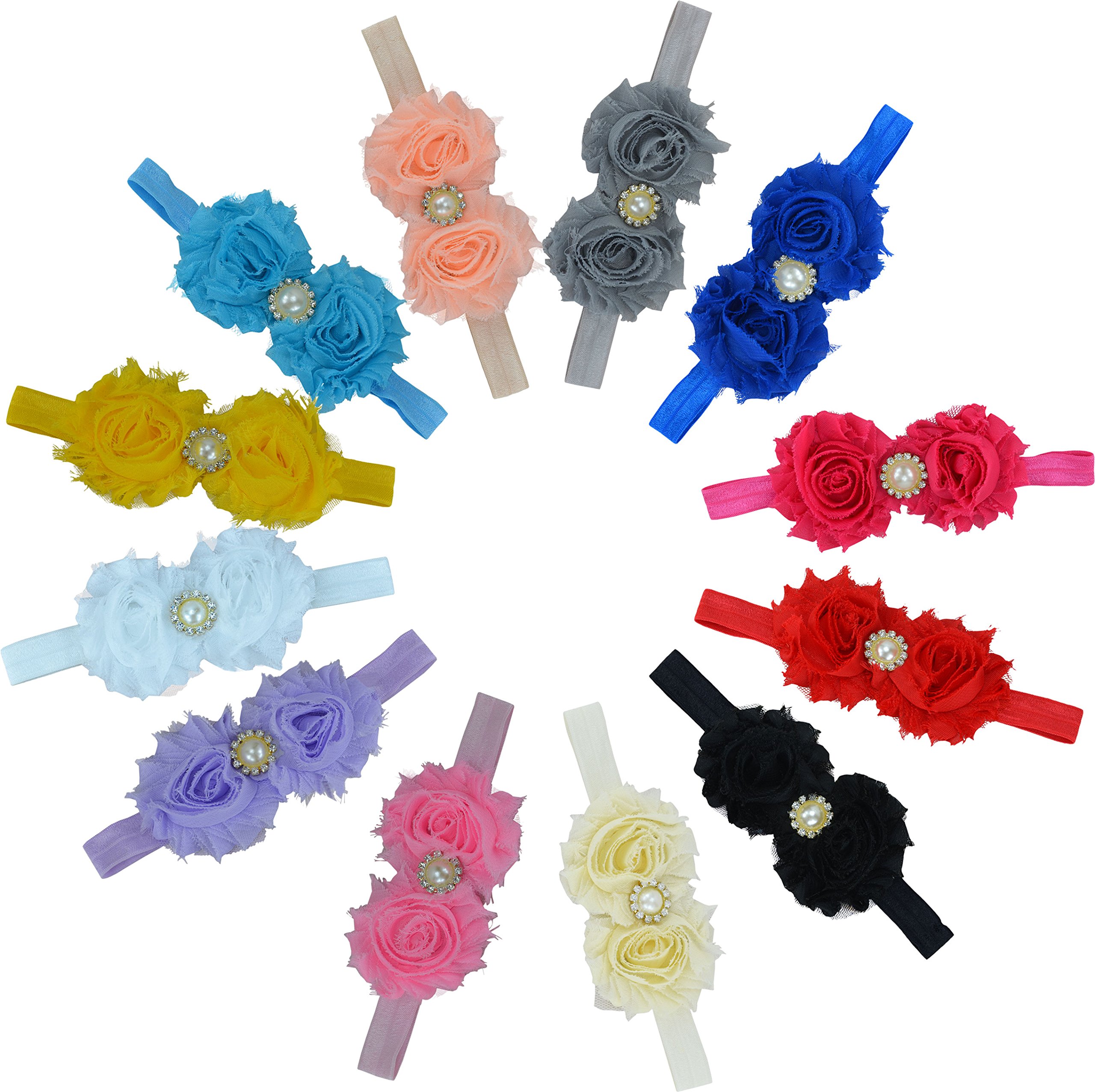 12 Pcs Heymei Baby Girls Hair Bows - Solid Color Chiffon Flower Headbands with Elastic (12 Pure Colors) - Perfect for Birthday Parties, Photo Shoots & Daily Outfits