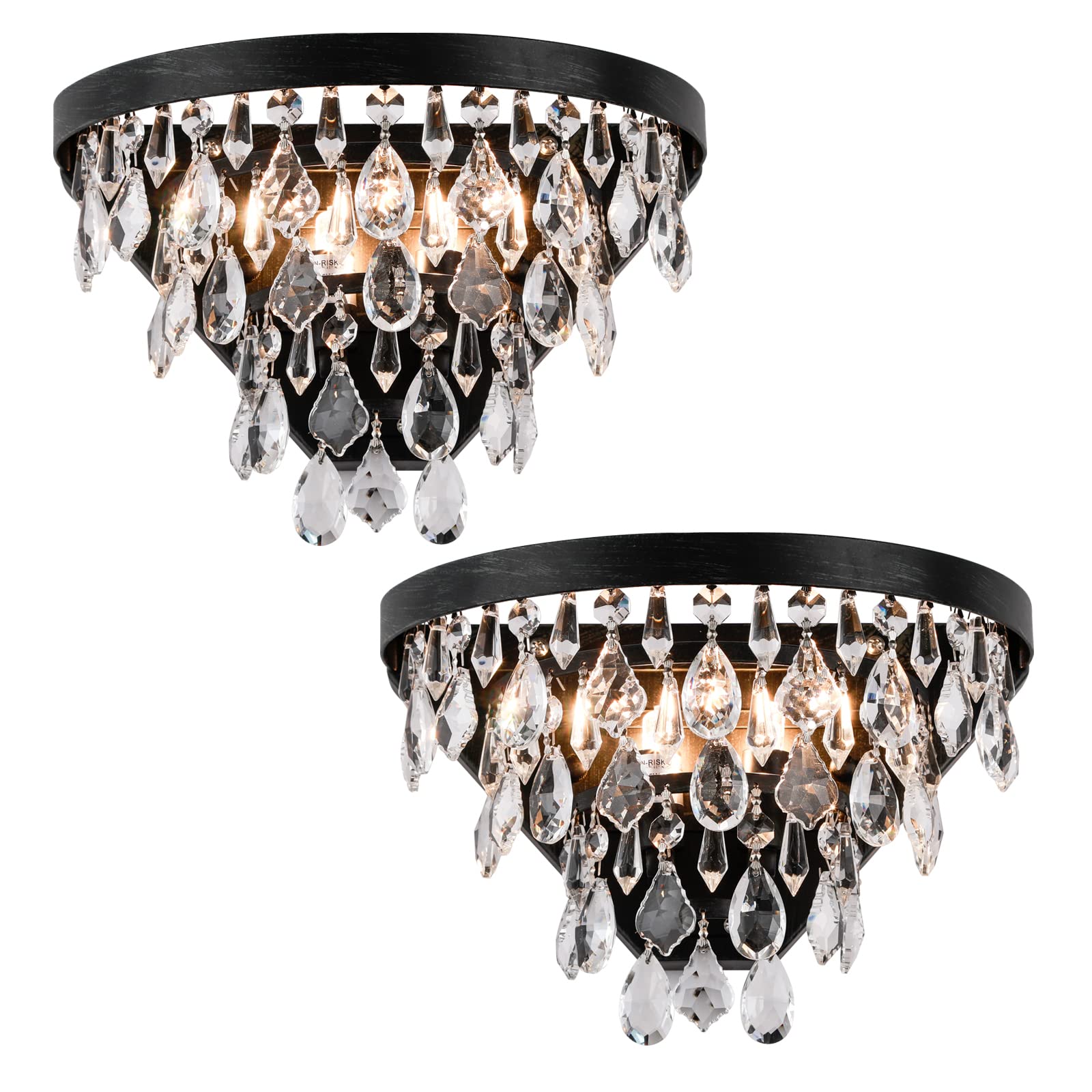 Maxax 2-Pack Crystal Wall Sconces - Modern Vanity Lighting Fixtures, Antique Black Bedside Lamps for Bedroom, Living Room & Hallway - Perfect for Makeup Mirror & Dining Room Decor