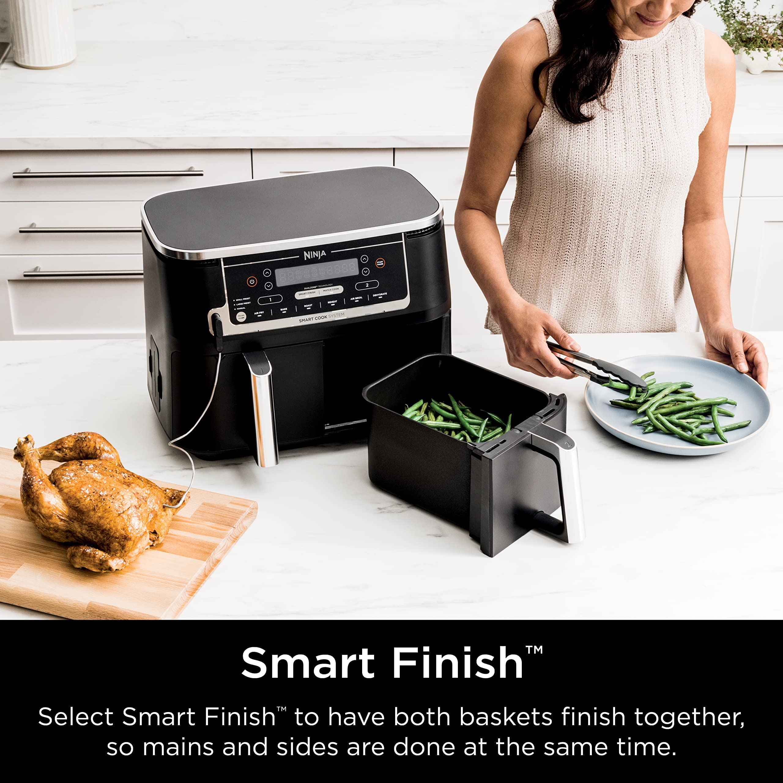 Ninja DZ550 Foodi 10 Quart 6-in-1 DualZone Smart XL Air Fryer with 2 Independent Baskets - Smart Cook Thermometer, Match Cook & Smart Finish - Roast, Bake, Dehydrate - Perfect for Family Dinners, Meal Prep & Healthy Cooking (Renewed, Grey)