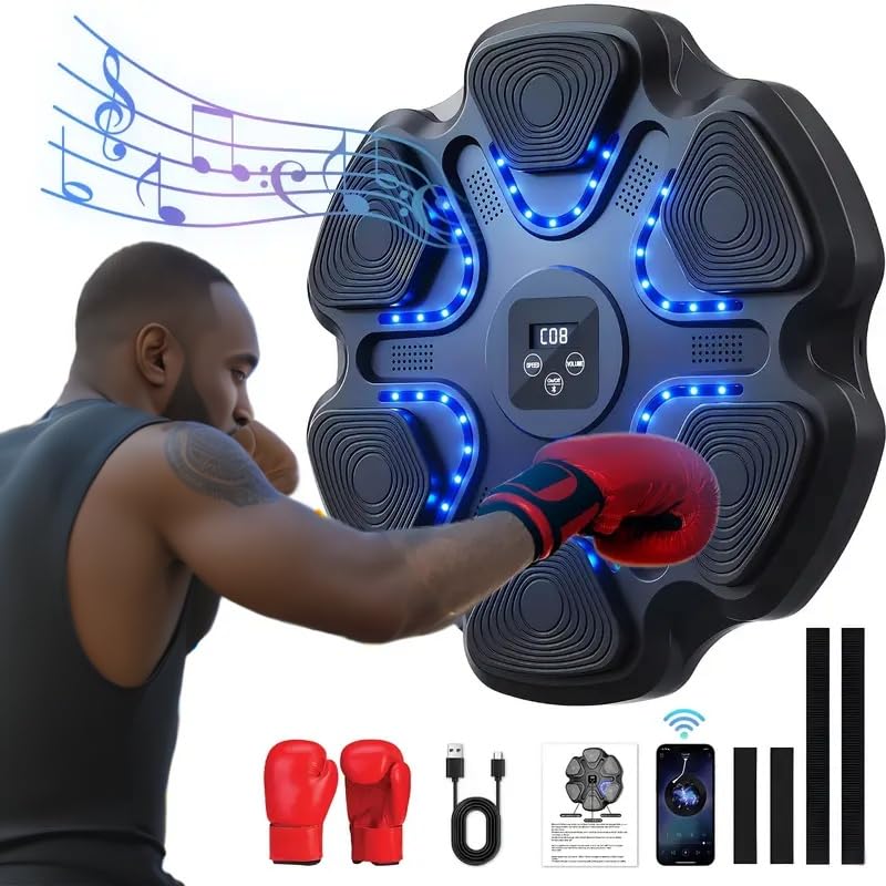 Music Boxing Training Pad with Boxing Gloves - USB Rechargeable Wireless Punching Bag with LED Lights & Sound Effects | Wall-Mounted Home Gym Equipment for Boxing, Cardio & Stress Relief Workouts