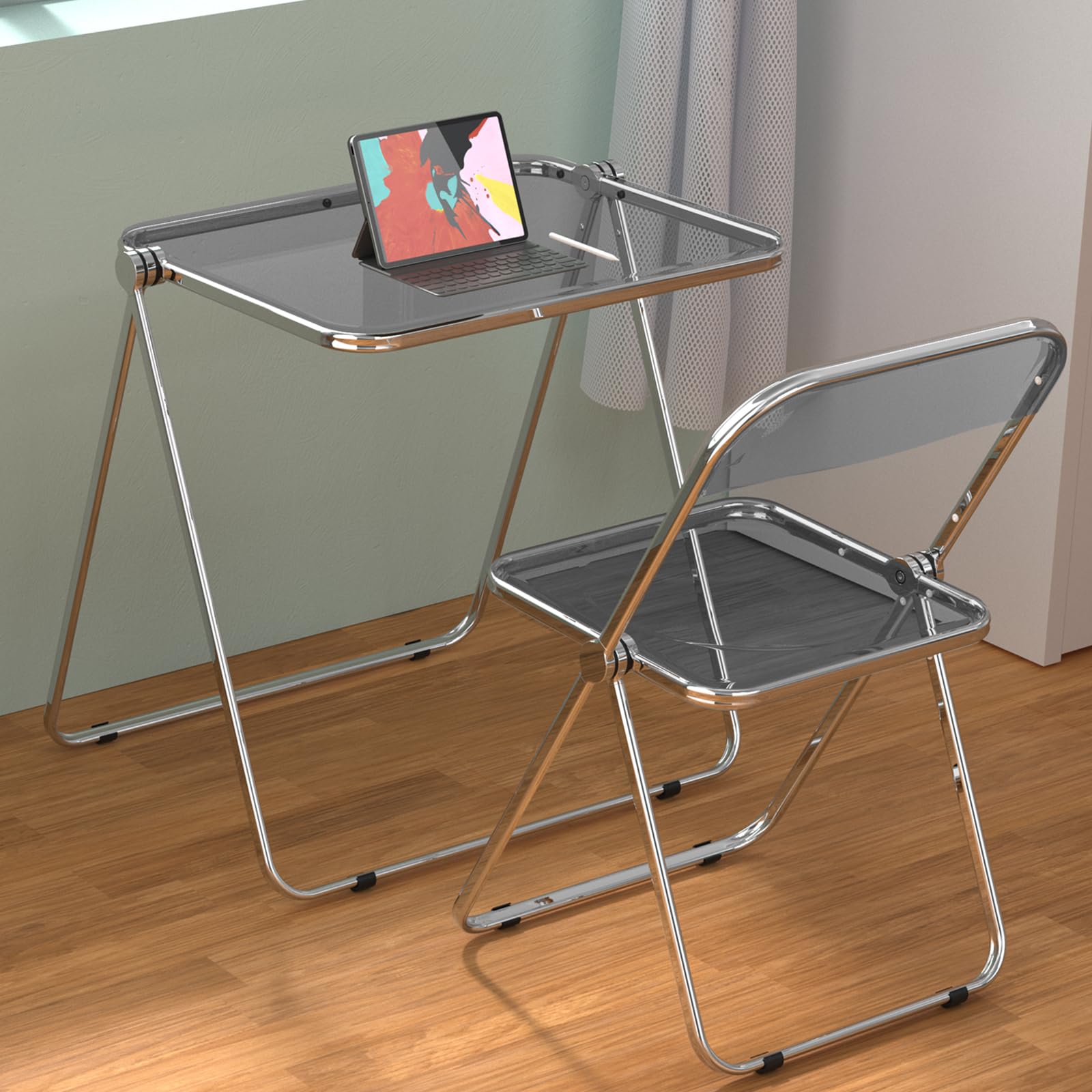 VINGLI Foldable Acrylic Table and Chair Set - Portable TV Tray for Snack & Dinner on Couch, Compact Writing Desk for Home Office & Small Spaces (Grey) - Perfect for Apartments, Dorms, and Cozy Living Rooms