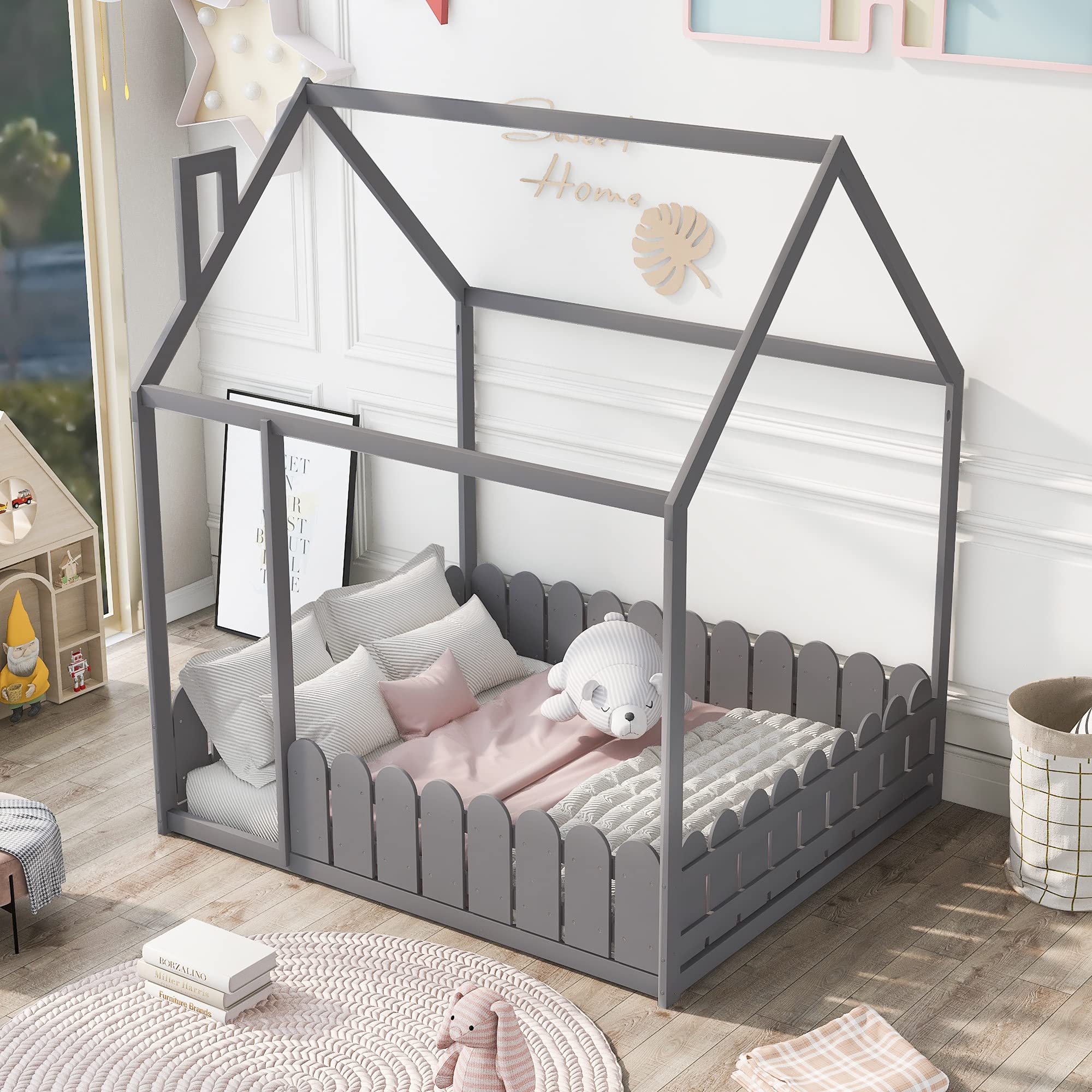 **Quarte House Full Size Wood Floor Bed Frame for Kids - Sturdy Cabin Bed with Roof & Fence, High Weight Capacity, Gray - Perfect for Playrooms, Bedrooms & Montessori Spaces**