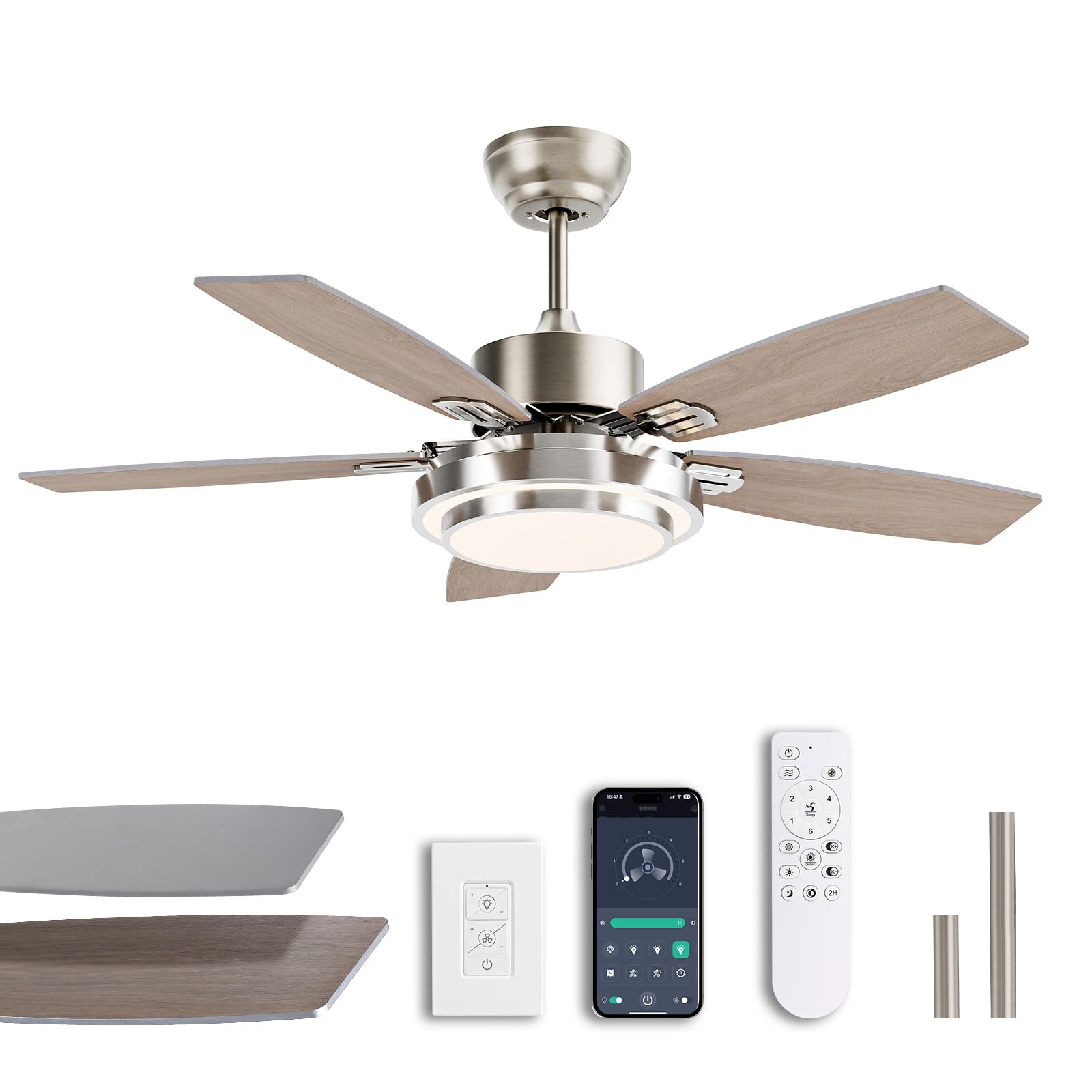 42 Inch Modern Nickel Ceiling Fan with Lights - Remote & APP Control, Quiet Reversible DC Motor, 3 CCT Dimmable LED - Perfect for Bedroom, Living Room, Patio, Indoor & Outdoor Use
