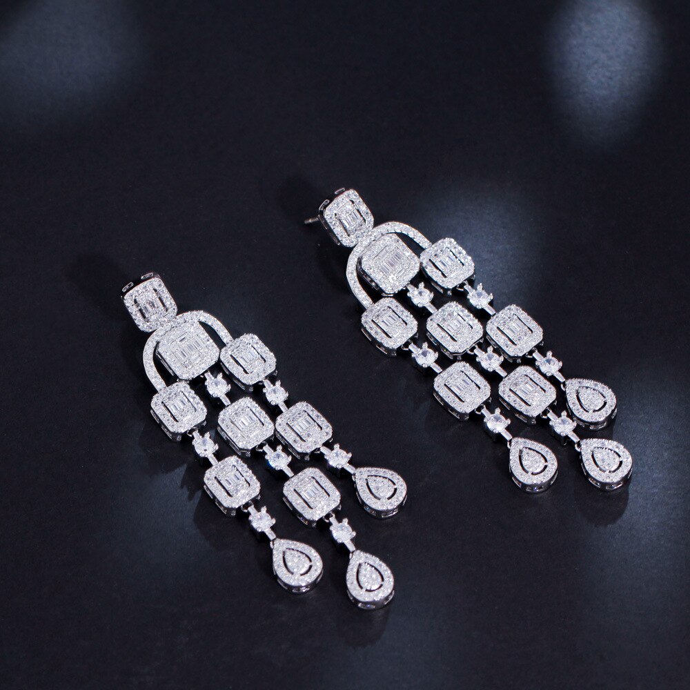 Sparkling Clear Tassel Cubic Zirconia CZ Square Dangle Earrings for Women - Elegant Wedding Jewelry & Dinner Party Accessories - Perfect for Bridal, Prom, and Special Occasions