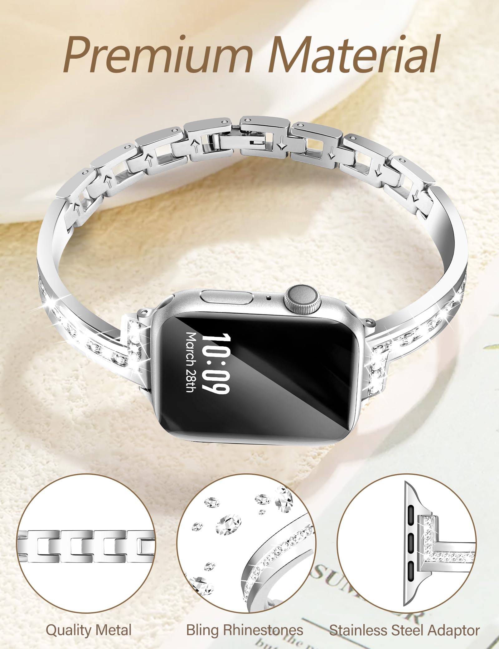 Slim Metal Watch Band for Women - Adjustable Apple Watch Bands 38mm 40mm Compatible with iWatch Series 9/8/7/6/5/4/3/2/1/SE - Elegant Dressy Bracelet for Everyday Wear, Office & Special Occasions - Perfect Gift for Her