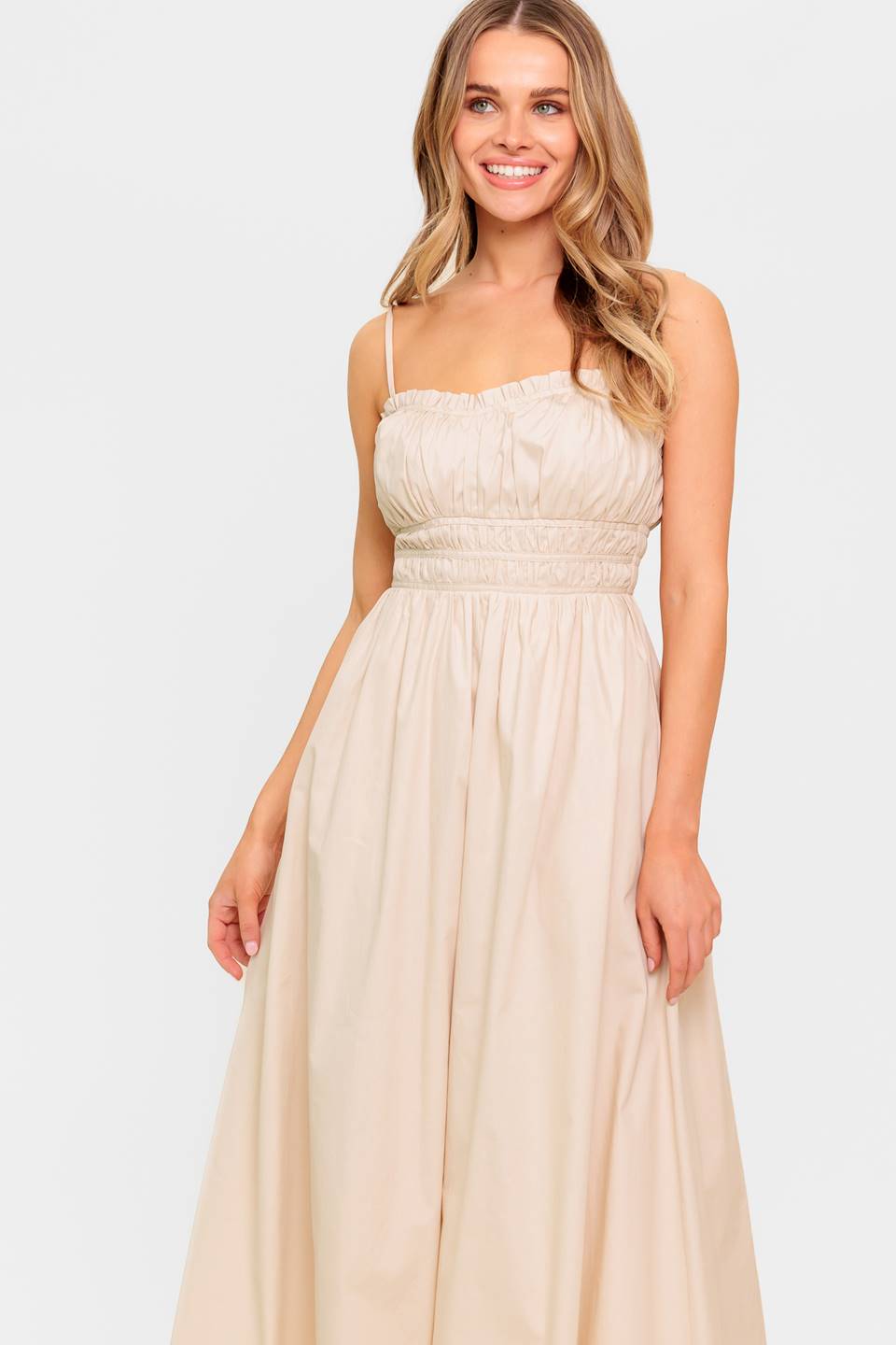 Heartland Sunset Midi Dress in Cream - Elegant Flowy Summer Dress for Beach, Wedding & Casual Outings