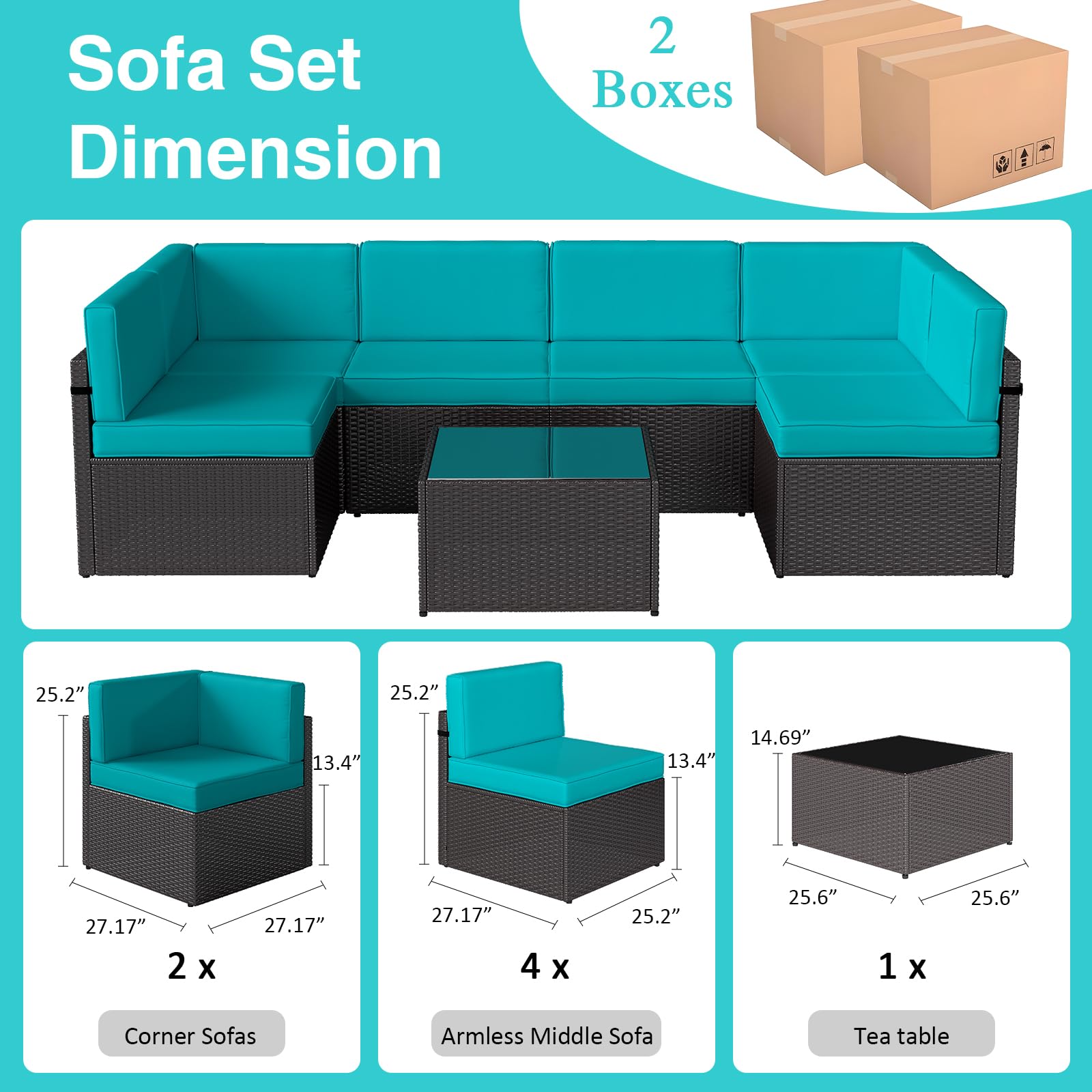 **Kinfant 7-Piece Outdoor Patio Furniture Set - Rattan Sectional Sofa with Coffee Table & Washable Cushions - Blue Wicker Conversation Set for Porch, Poolside, Backyard & Garden Relaxation**