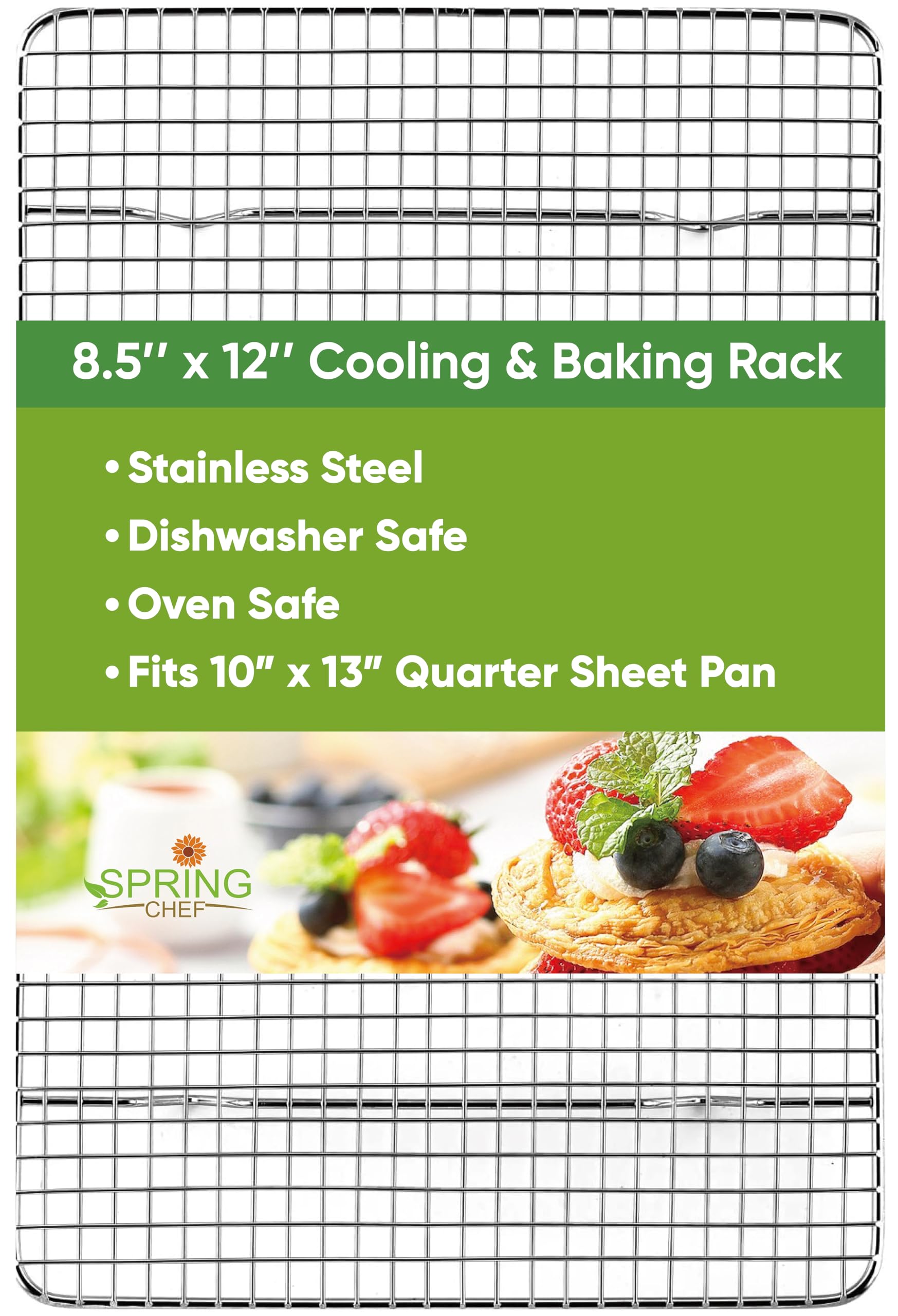 Spring Chef 8.5 x 12 Inch Stainless Steel Cooling Rack for Baking Cookies, Cakes & Bread - Oven Safe Wire Rack for Quarter Sheet Pans - Dishwasher Safe Baking Accessory - Perfect for Home Bakers & Professional Kitchens