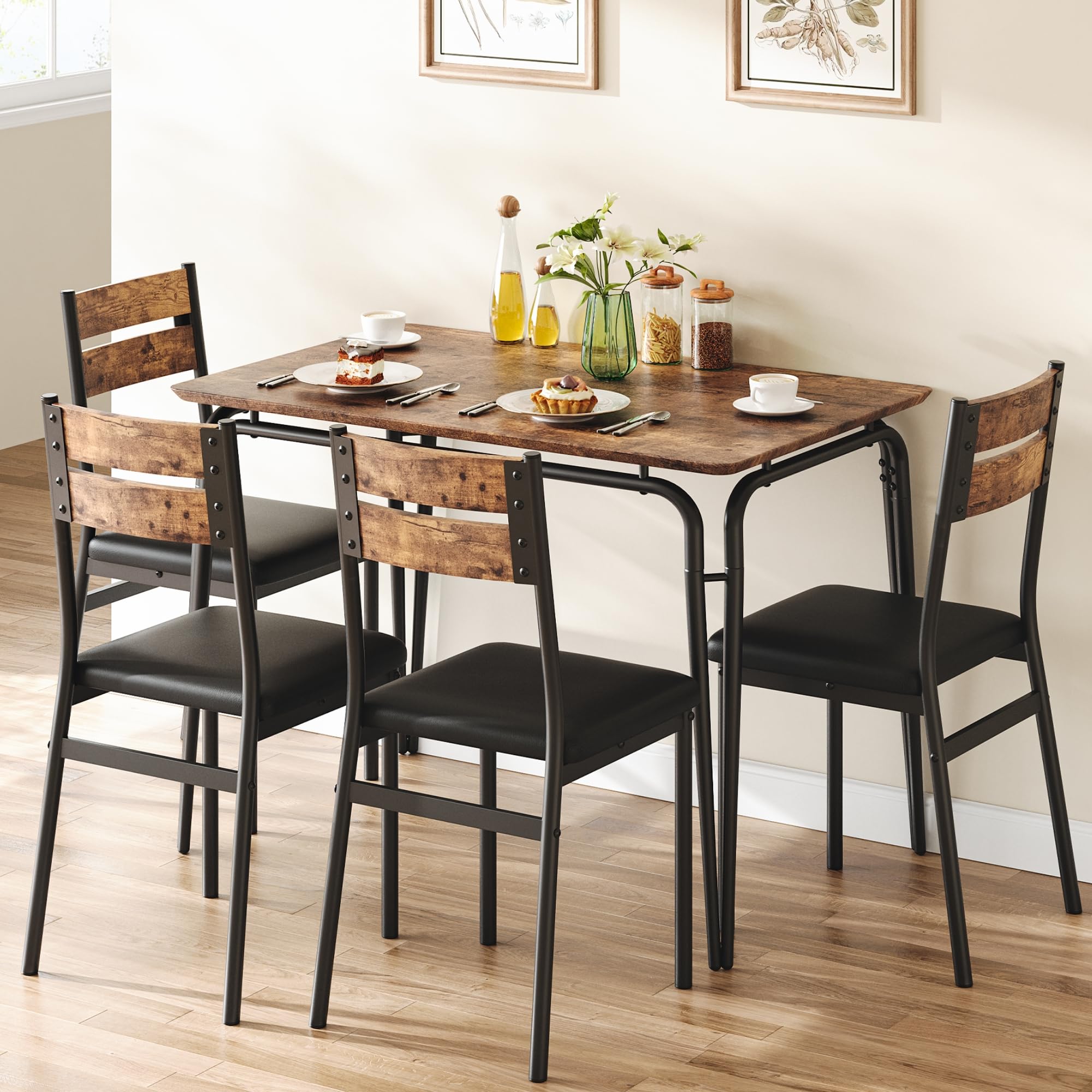 Vintage 5-Piece Small Dining Table Set for 4 with Chairs - Compact Kitchen & Apartment Dinette Furniture for Breakfast, Dinner & Small Space Entertaining