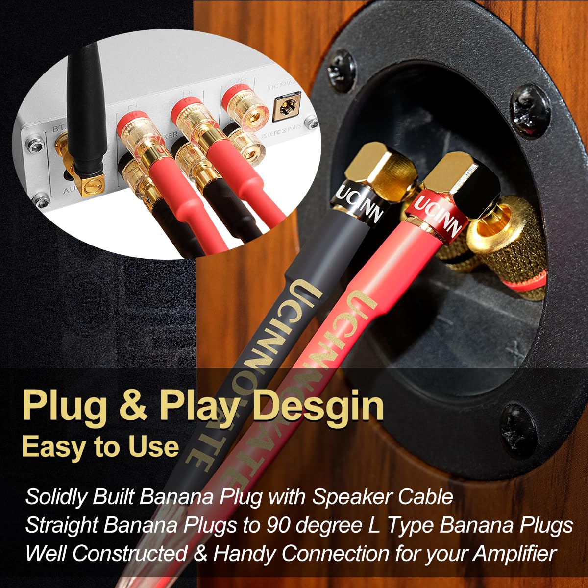 Premium VVFLED HiFi Speaker Cable with Banana Plugs - 2x 3m 13AWG Oxygen-Free Copper Wire, Gold-Plated Right Angle Connectors for Audiophile Sound Systems | Perfect for Home Theater, Stereo Amplifiers & Professional Audio Setups