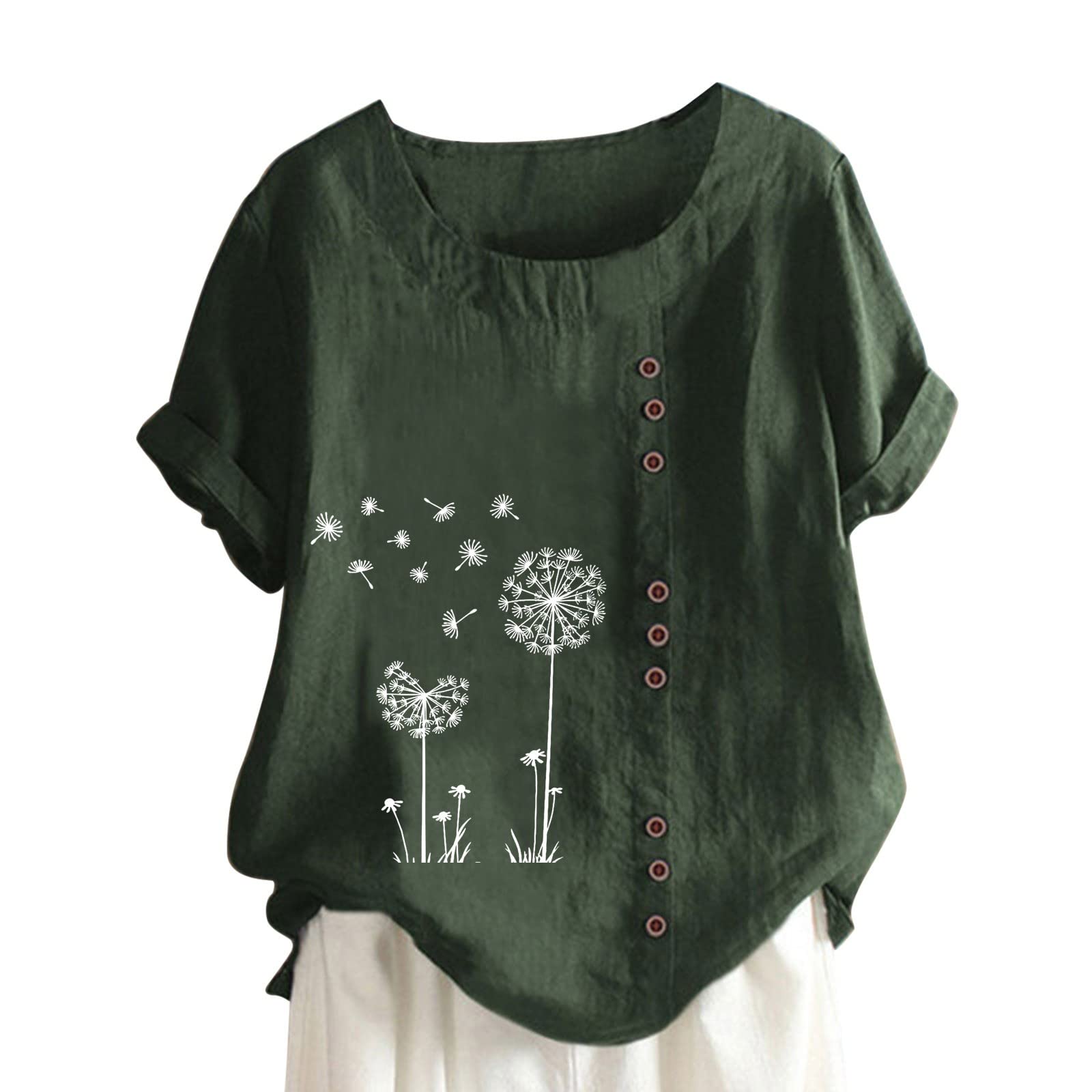 Women's Cotton Linen Blouse - Summer Casual Crewneck Tunic Top with Dandelion Print, Short Sleeve Button Down Shirt for Work, Vacation & Everyday Wear