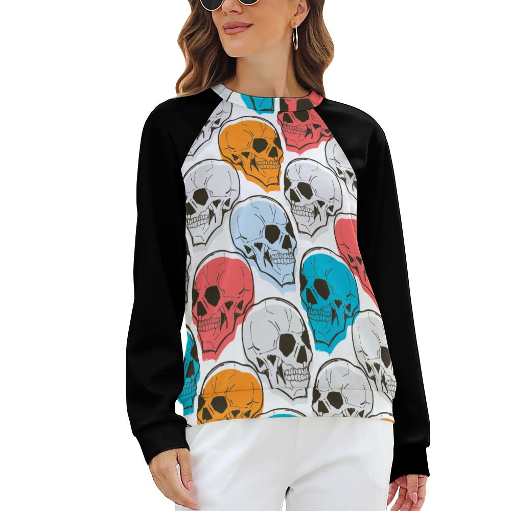 Stylish Colorful Skull Print Raglan Round Neck Sweater for Men & Women | Trendy Graphic Pullover for Casual Wear, Halloween Costume & Street Fashion