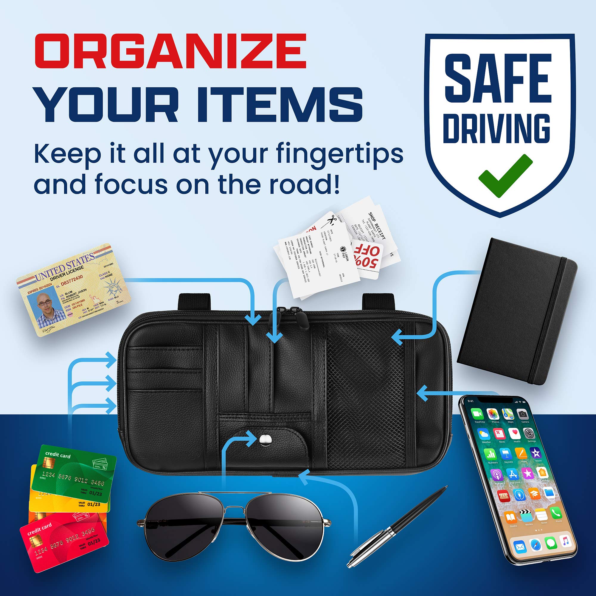 Magnetic Car Sun Visor Organizer for Car, SUV, Truck - 12.2 x 6.1 Inch Black Glasses Holder with Full-Length Horizontal Pockets | Perfect for Sunglasses, Cards & Small Essentials Storage While Driving