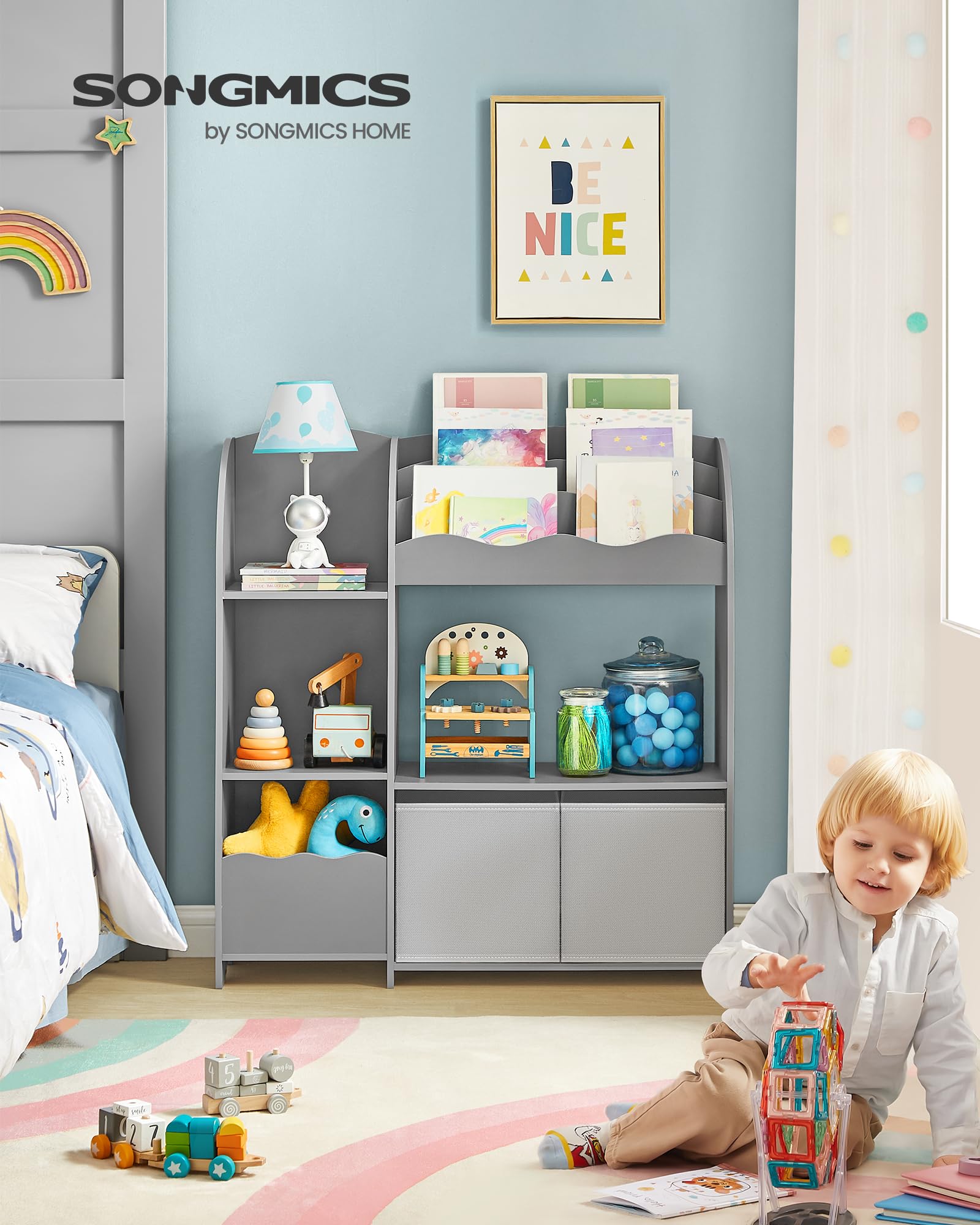 SONGMICS Kids Toy and Book Storage Organizer with 2 Bins - Multifunctional Bookshelf & Toy Organizer for Playroom, Nursery, Living Room - Perfect for Organizing Toys, Books, and Kids' Accessories (Dove Gray, UGKR042G01)
