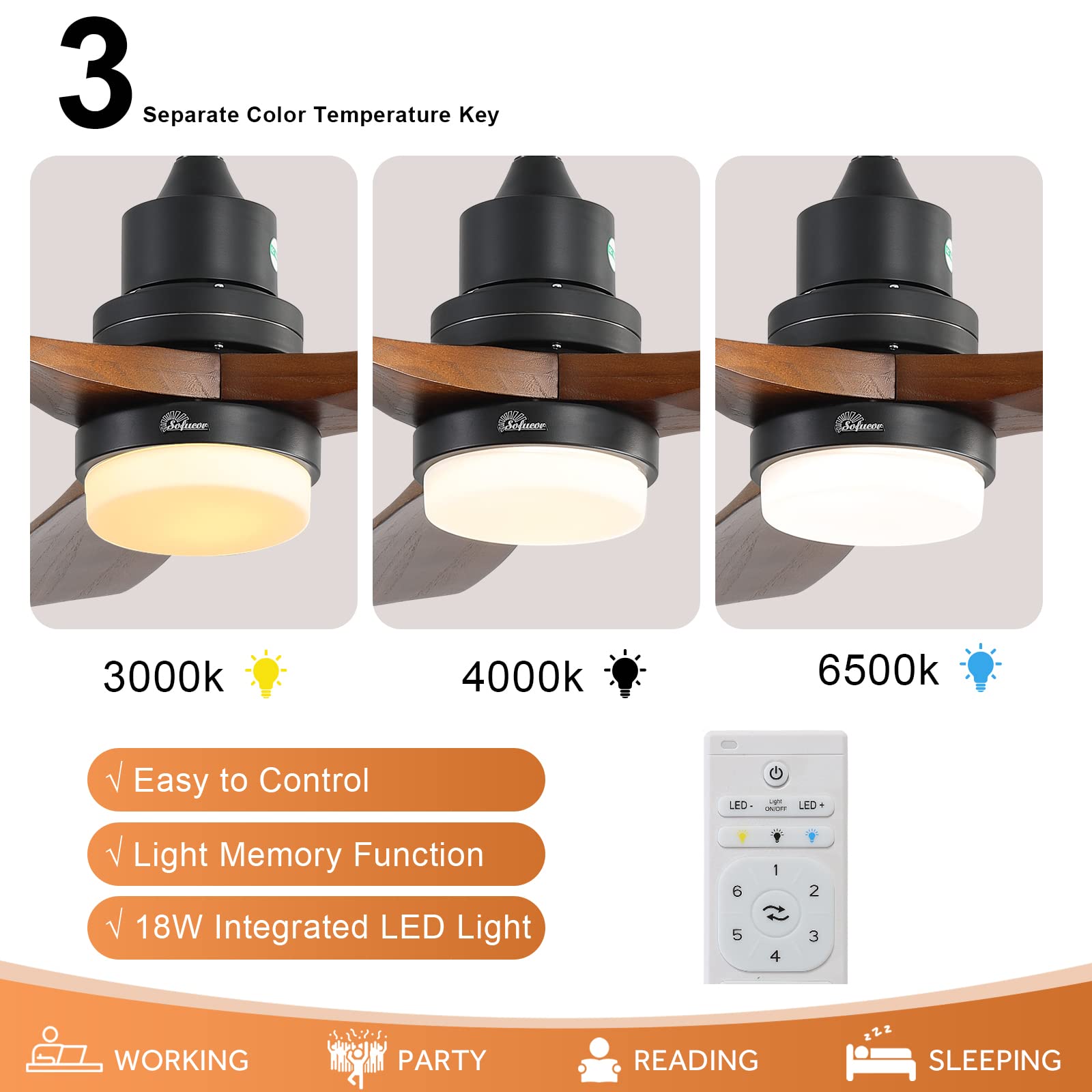 Sofucor 52 Inch Indoor Outdoor Ceiling Fan with Light Kit and Remote Control - 3 Speed Reversible Quiet DC Motor, 3 Walnut Wood Blades - Perfect for Bedroom, Living Room, Patio and Covered Porch
