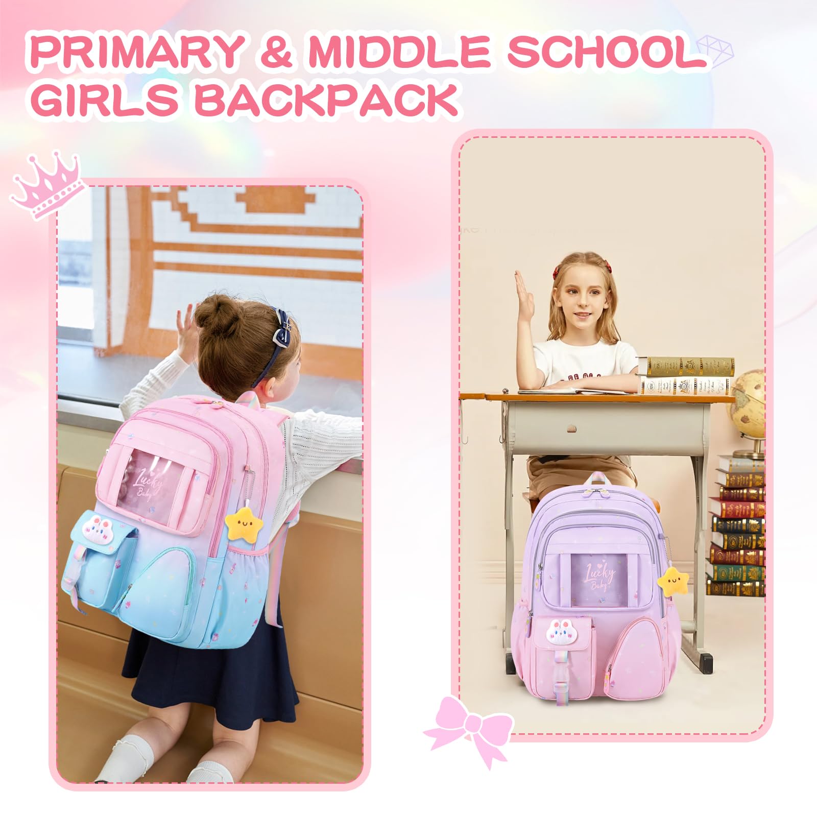 Stylish Gradient Color Girls Backpack - Waterproof School Bag for Elementary, Middle & High School Students with Multiple Pockets (16.1 Inch) - Perfect for School, Travel & Daily Use