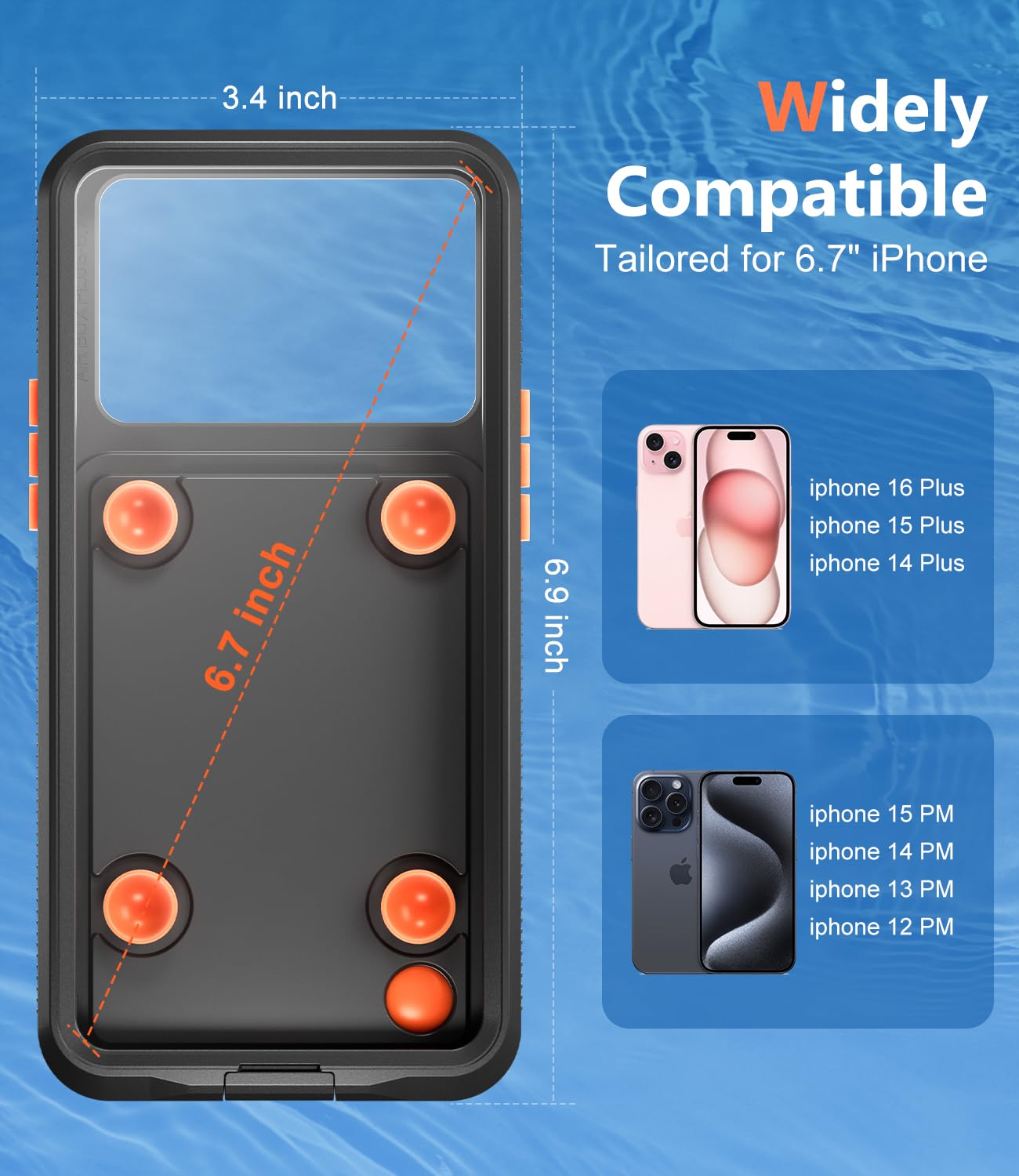 **IP68 Waterproof Phone Case for iPhone 15/14/13/12 Pro Max & 16/15/14 Plus – Underwater Protection for Snorkeling, Swimming & Beach Activities – Sensitive Touchscreen & Precise Buttons – 6.7