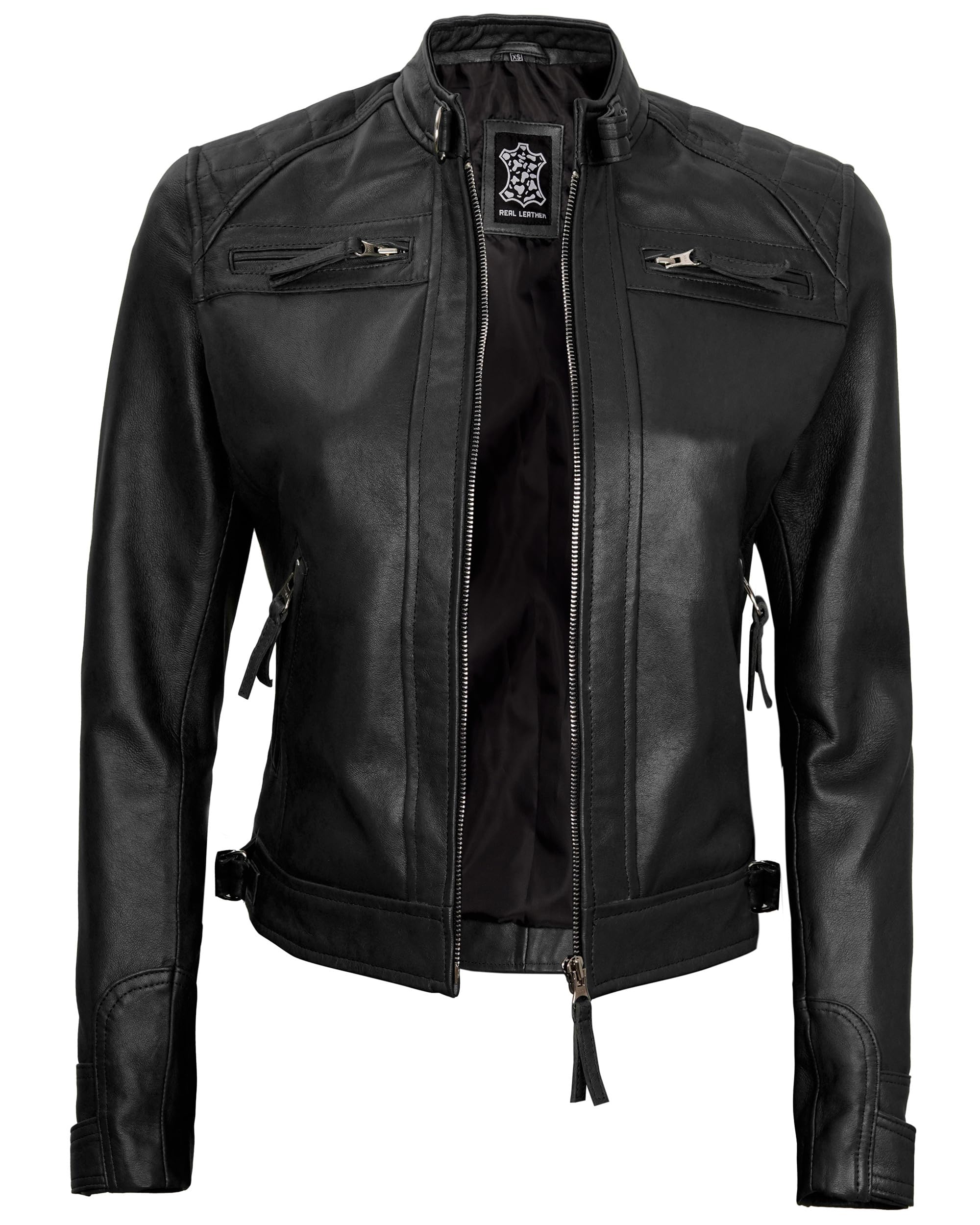 Genuine Real Leather Jacket for Women - Cafe Racer Style with Natural Grain & Stand Collar | Women's Motorcycle Jacket for Riding & Casual Wear