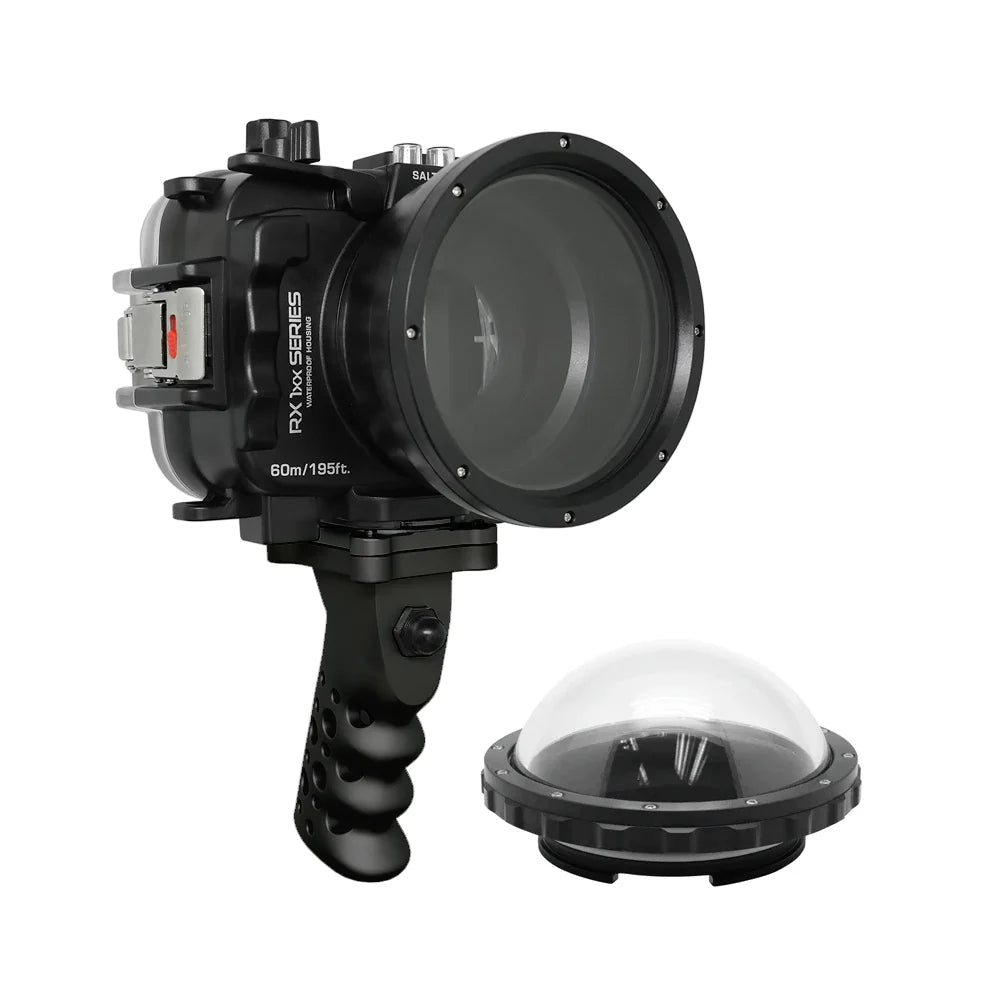 Waterproof Housing for Sony RX1xx Series - 60M/195FT Depth Rating, Aluminum Pistol Grip & 4 Dry Dome Port (Black) - Ideal for Underwater Photography, Scuba Diving, and Marine Exploration
