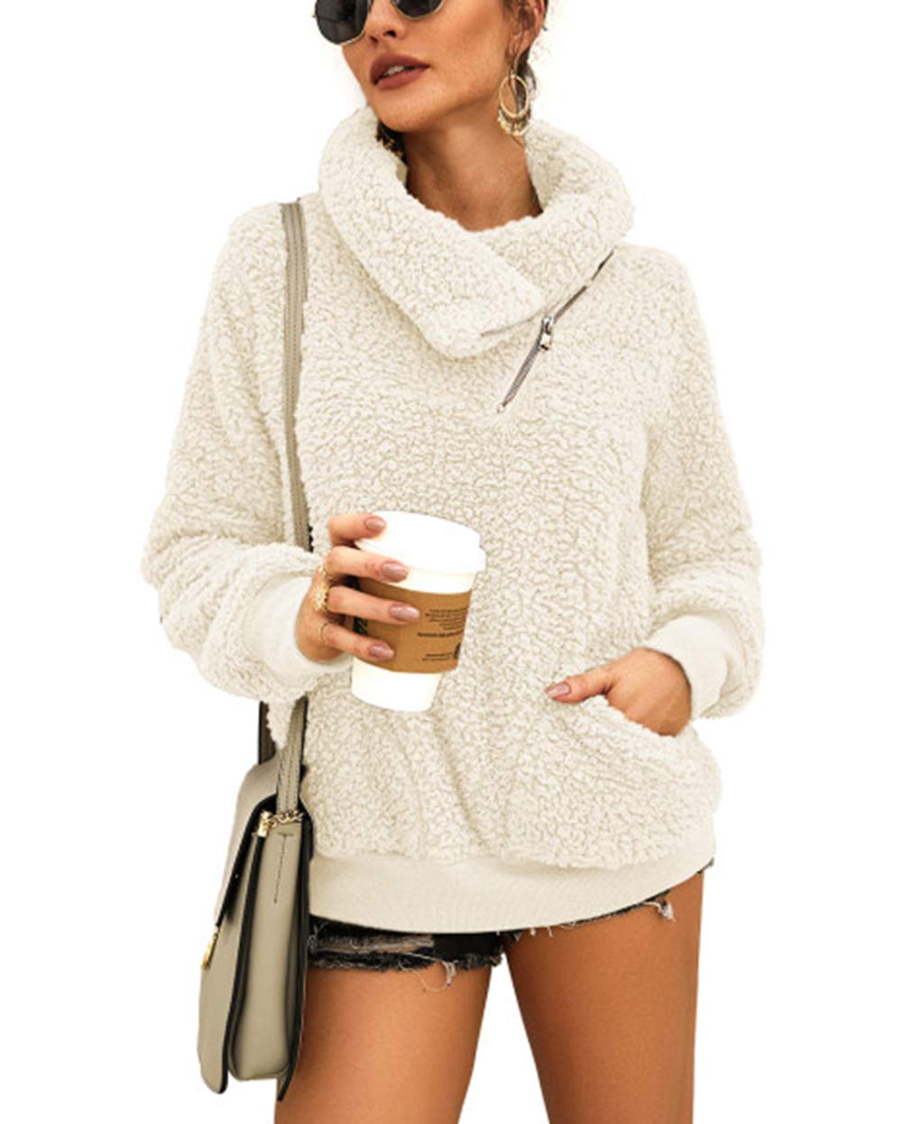 KIRUNDO Women's 2025 Winter Fleece Sherpa Pullover with Faux Shearling Lapel & Pockets - Cozy Warm Zipper Jacket for Casual Outfits, Outdoor Activities & Cold Weather Fashion
