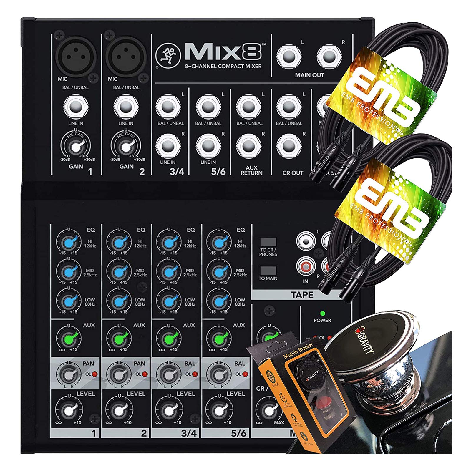 Mackie Mix8 Compact 8-Channel Analog Mixer for Live Sound & Studio Recording | 2 Mic/Line Inputs with EMB XLR Cables & Gravity Magnet Phone Holder Bundle | Perfect for Podcasting, Home Studio, and Live Performances
