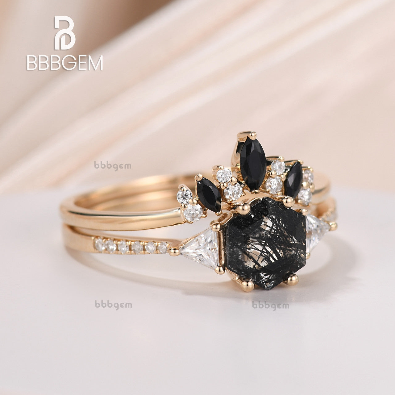 Three Stone Ring Set with Hexagon Cut Black Rutilated Quartz & Triangle Moissanite Side Stones in 18K Yellow Gold - Elegant Engagement, Wedding, or Anniversary Jewelry Gift