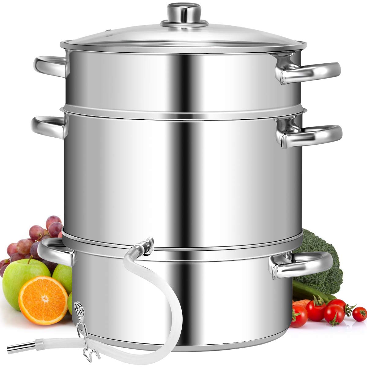 Giantex 10 Quart Stainless Steel Steam Juicer with Tempered Glass Lid - Multi-Purpose Kitchen Cookware for Juicing Fruits, Vegetables, Making Jelly & Pasta | Includes Hose, Clamp & Loop Handles | Perfect for Home Canning, Preserving & Healthy Cooking