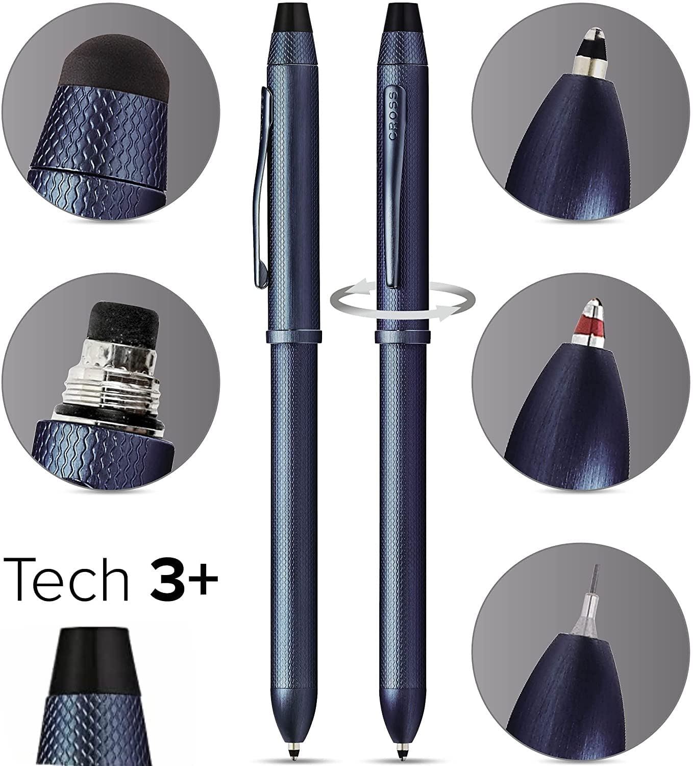 Cross Tech3+ Multi-Function Pen - 0.5mm Pencil, Black & Red Ink Refills, Brushed Dark Blue Diamond Barrel with Interchangeable Caps | Perfect for Office, School & Professional Use