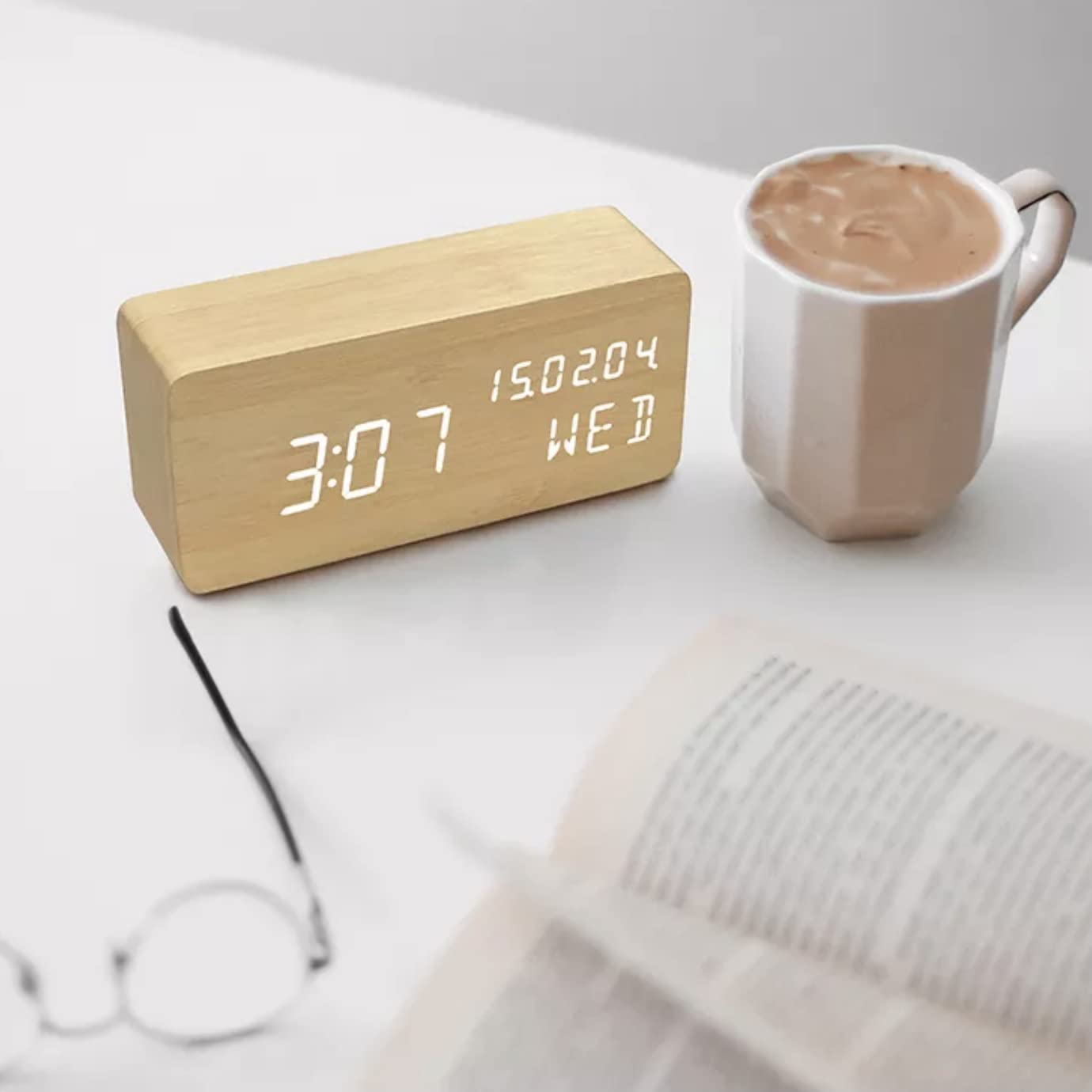 Wooden Digital Alarm Clock with Large LED Display - Shows Time, Date (MM/DD/YY), Day, Temperature & Night Light | Portable Desk Clock for Bedroom, Office, School | Perfect for Home, Living Room & Nightstand Use (Bamboo)