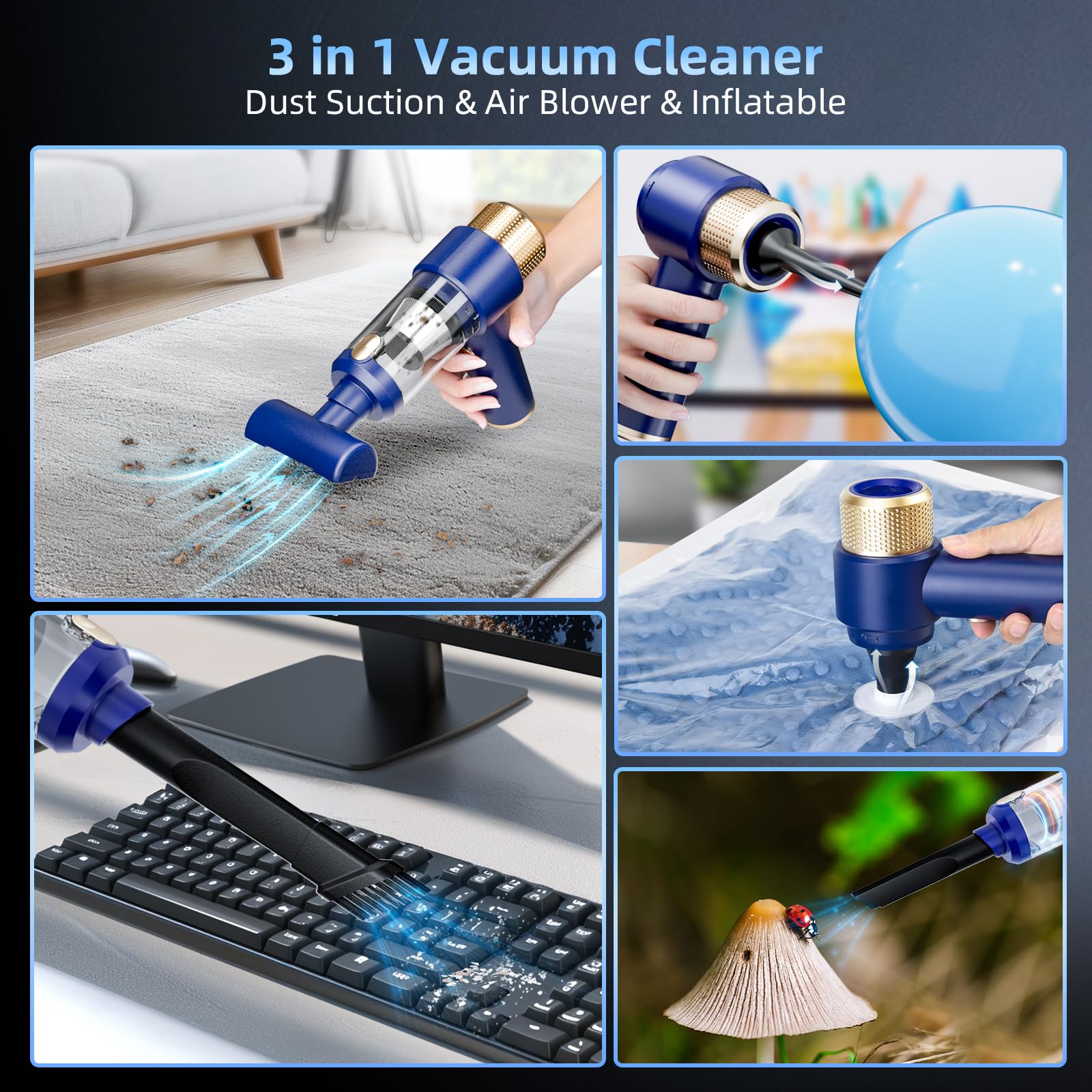 High Power Handheld Car Vacuum Cleaner - Rechargeable Mini Vacuum with LED Light & Detailing Brush for Car Interior, Home, Office, Keyboard Cleaning | Portable for Auto Detailing, Pet Hair, Dust Removal