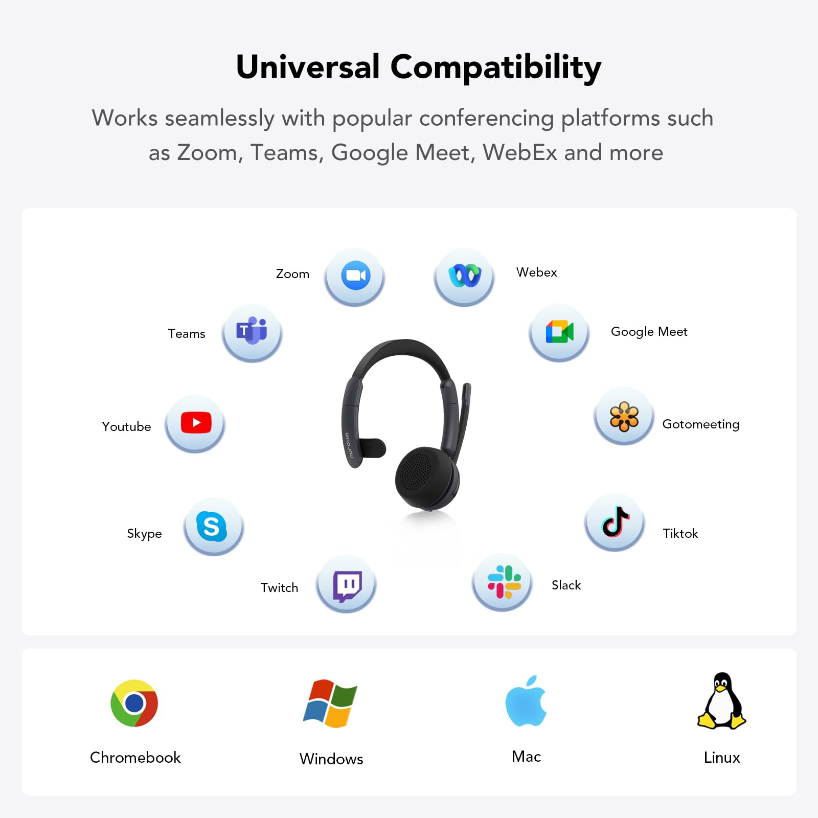 Nuroum HP31SN Bluetooth Wireless Headset with Microphone - ENC Noise Cancelling, Multi-Point V5.3, Mute Button - for Call Center, Office, Driving - Compatible with Zoom & Teams Meetings