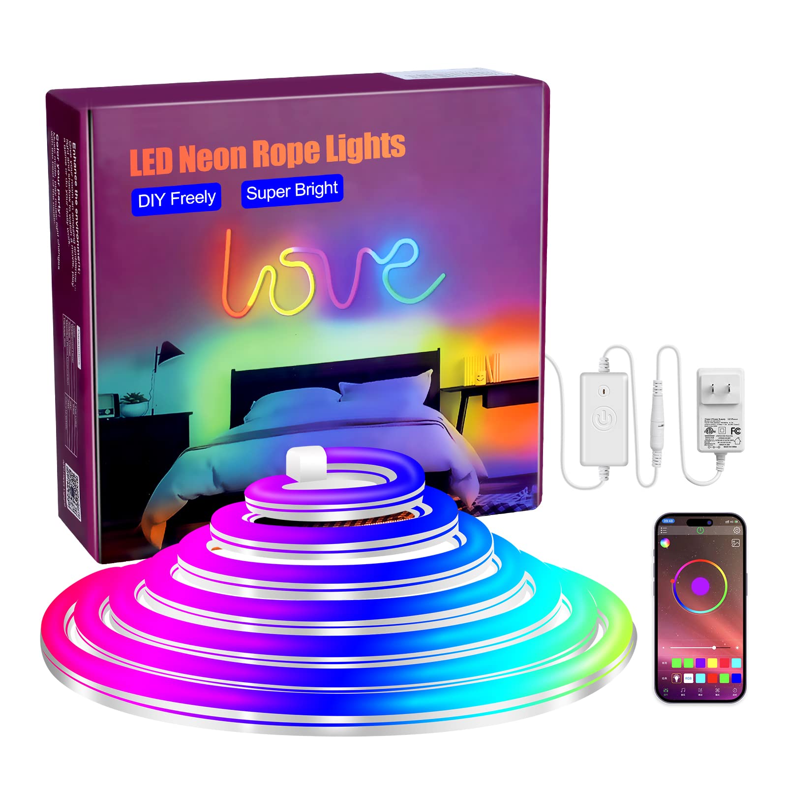 Cometofit 10ft RGBW+IC Neon Rope Lights with Music Sync - Waterproof LED Strip Lights with Remote for Indoor & Outdoor Decor - DIY Flexible Design for Bedroom, Party, Christmas, Wedding & Garden Lighting