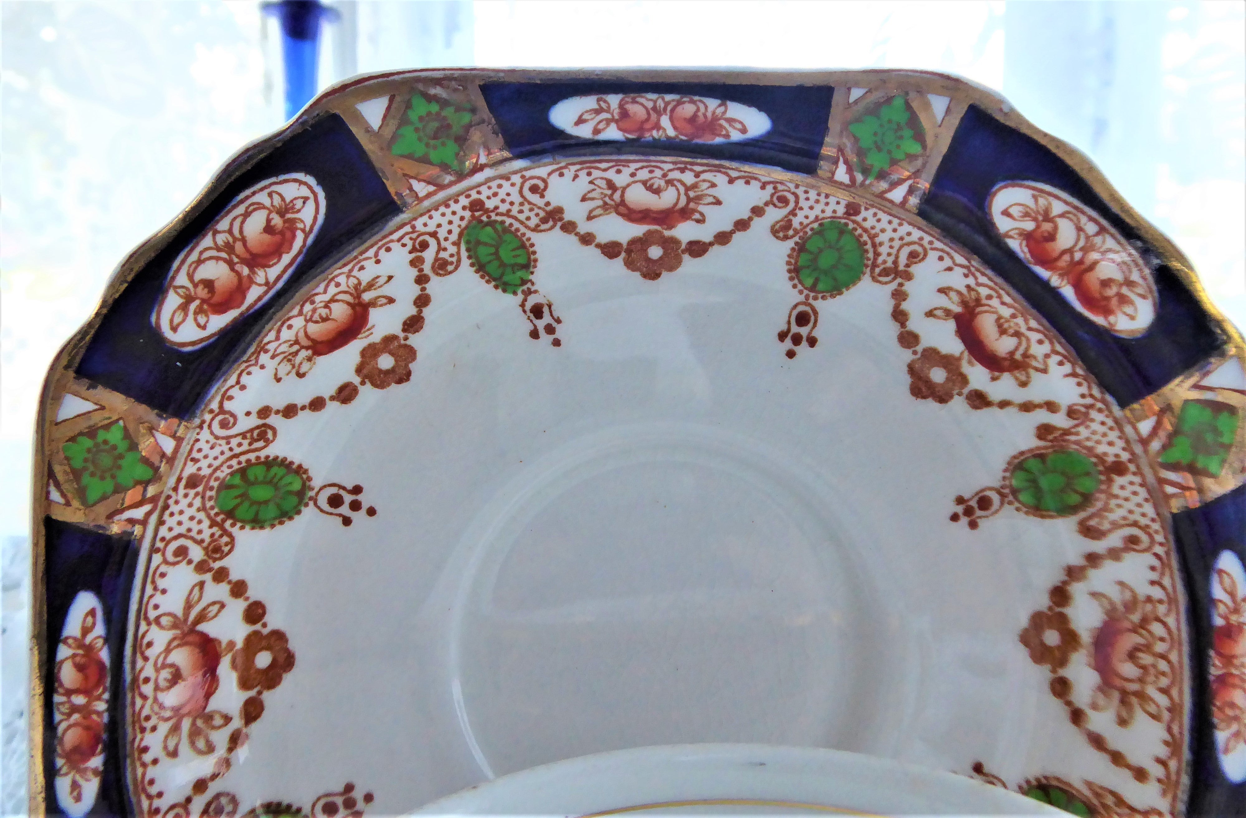 Vintage Imperial Derby Imari Cup and Saucer Set - Cobalt Blue & Rust Design by T. Hughes England 1920s Antique Tea Set for Collectors & Afternoon Tea Lovers
