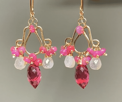 Rubellite Pink Quartz Moonstone Chandelier Earrings with Pink Opals - 14K Gold Filled Dangle Earrings for Women, Elegant Boho Jewelry for Wedding, Party & Special Occasions