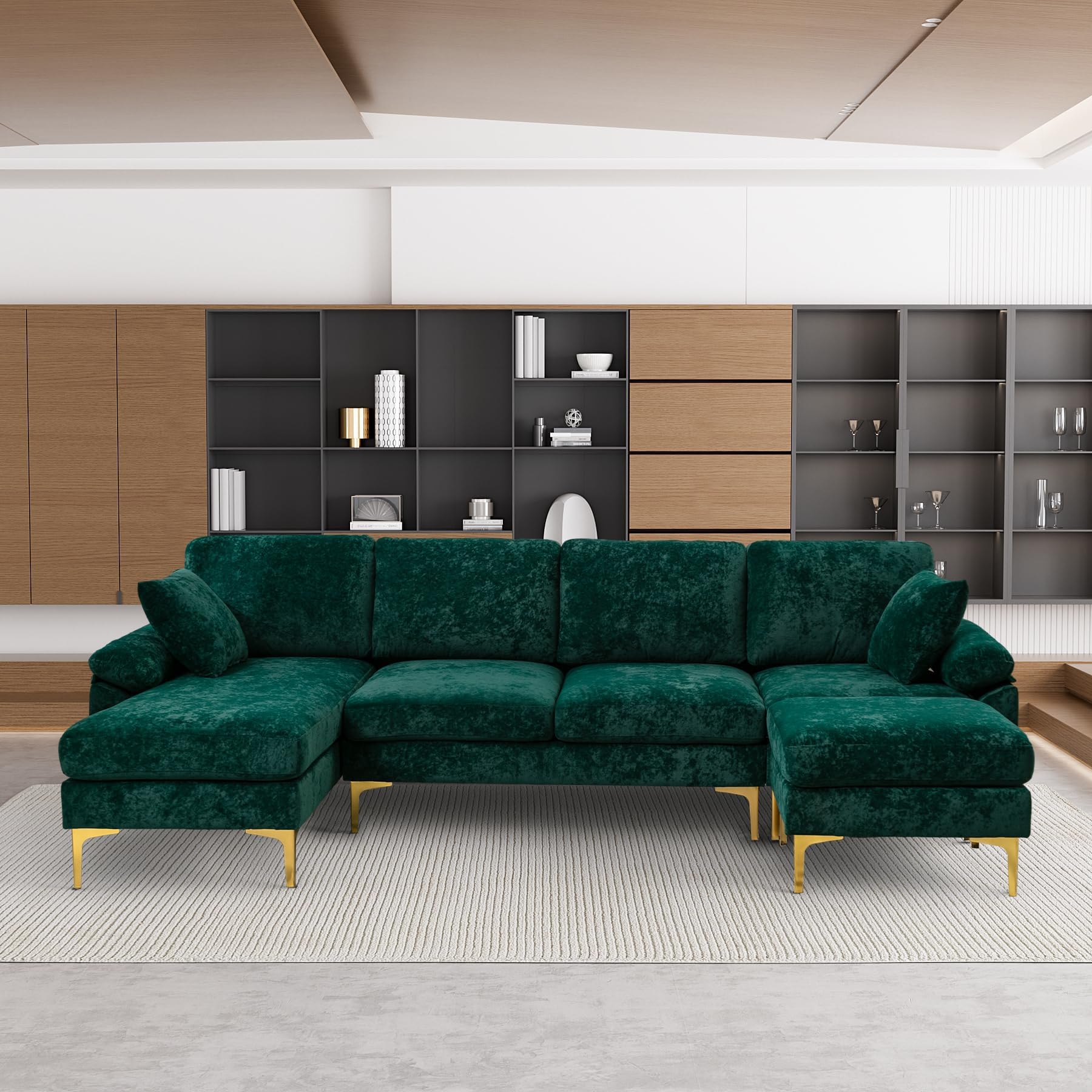 OUYESSIR U-Shaped Sectional Sofa Couch - 4 Seat Convertible L-Shaped Velvet Sofa Set with Chaise Lounge, Ottoman & Throw Pillows (114