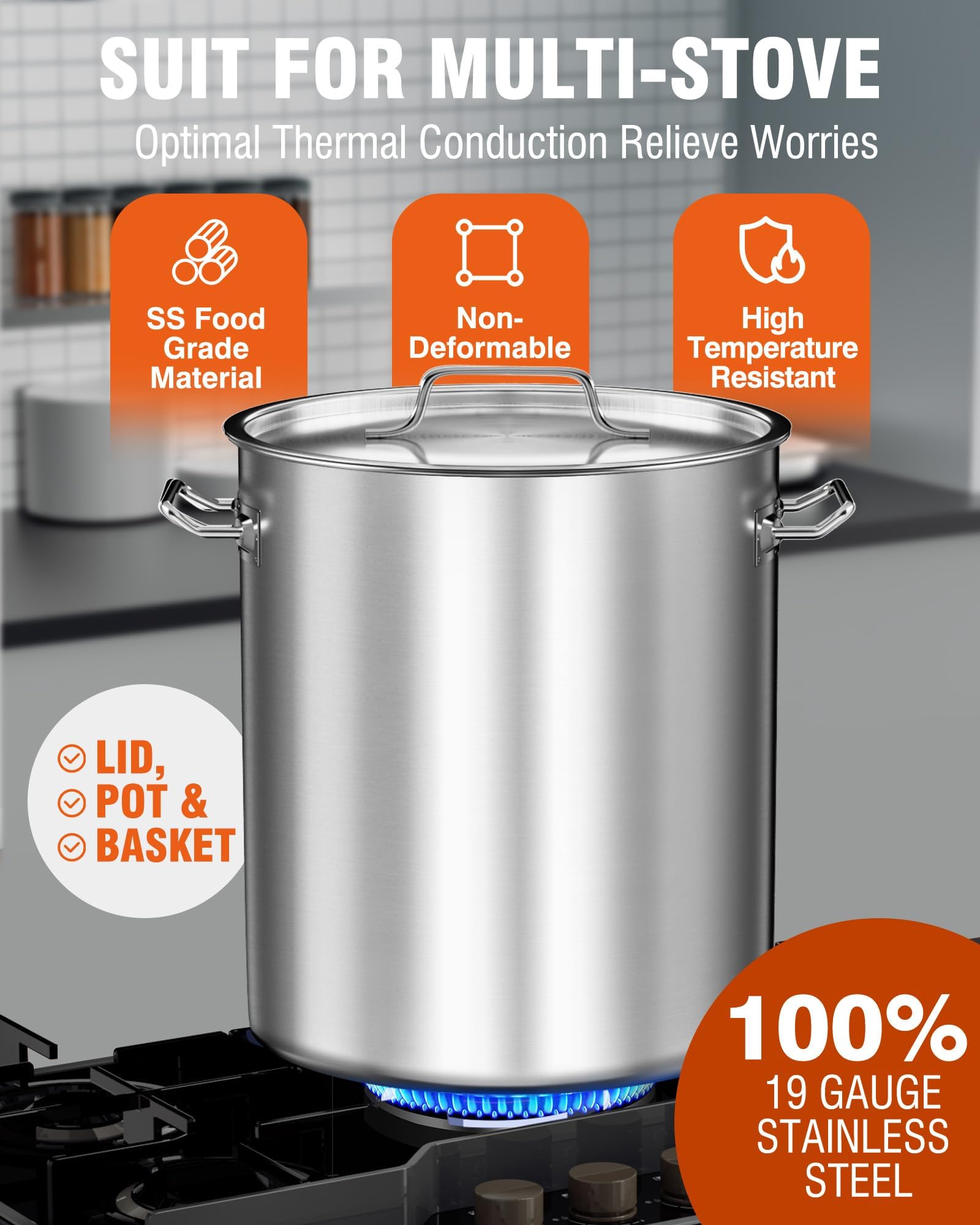 60QT Stainless Steel Seafood Boil Pot with Basket & Lid - Commercial Turkey Fryer for Crab, Lobster, Crayfish & Shrimp - Outdoor Cooking & Large Gatherings (21.7