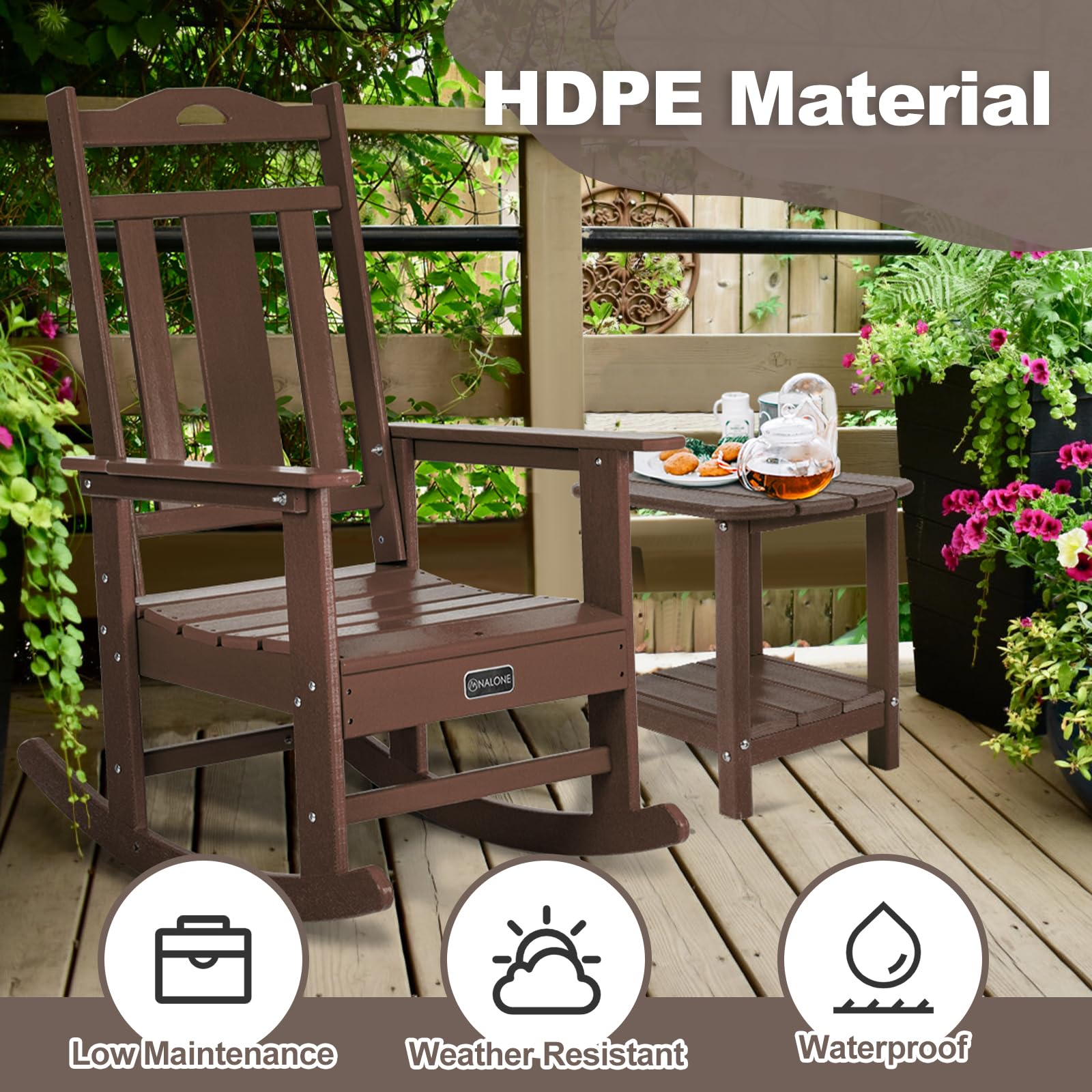 nalone Oversized All-Weather Resistant Outdoor Rocking Chair - Comfortable Porch Rocker for Adults, Durable Patio Furniture for Garden, Lawn & Backyard Relaxation (Brown)