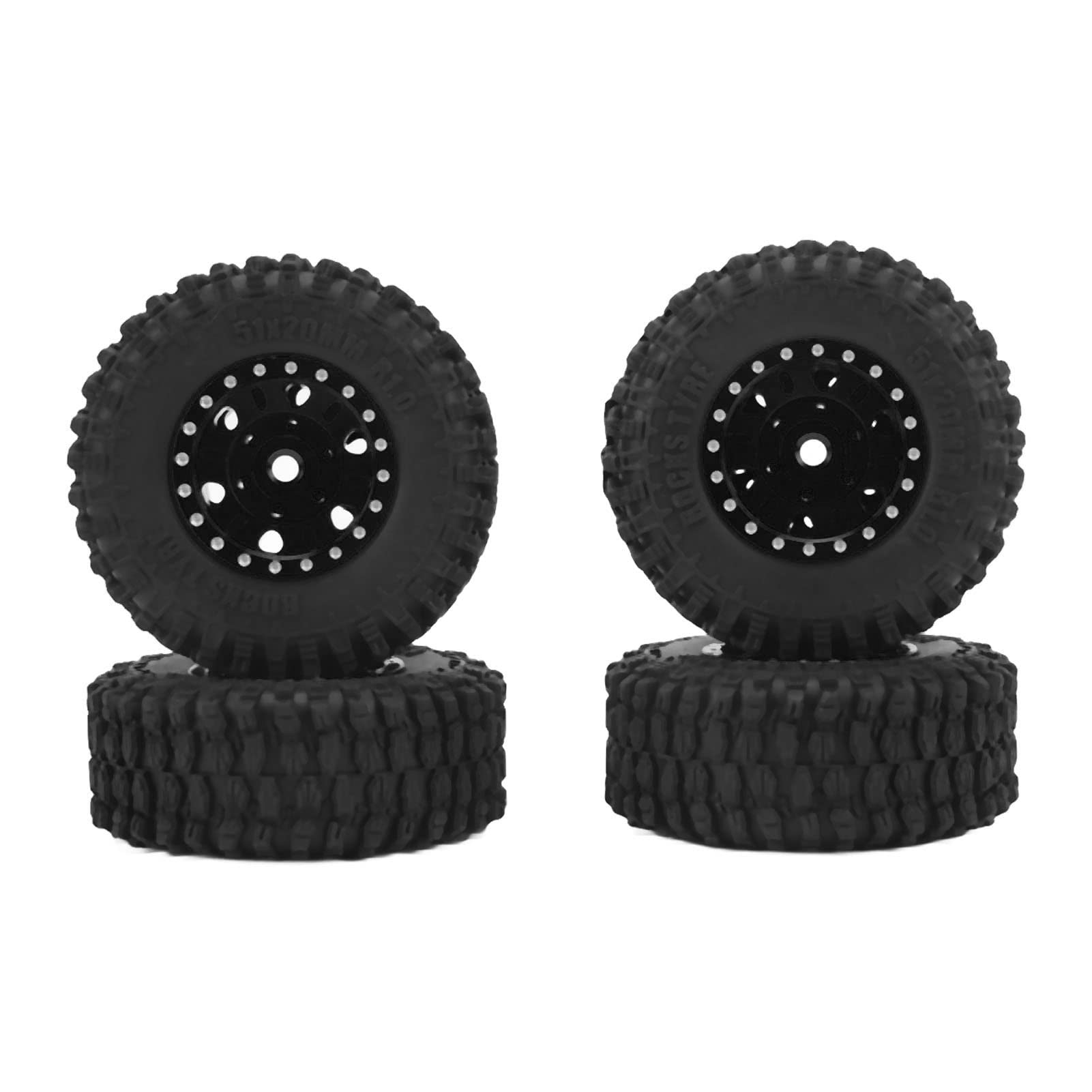 SPYMINNPOO 4pcs 1/24 Scale RC Car Tires - Black Rubber Tires with Aluminum Alloy Rims for 1/24 RC Cars | Durable, Strong Cushioning Off-Road Wheels | Perfect for Crawler, Drifting & Racing RC Vehicles