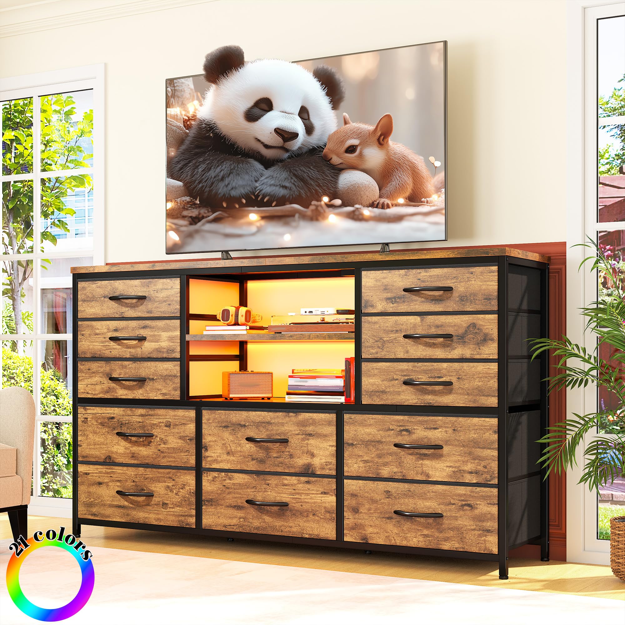 12-Drawer LED Dresser with Power Outlets - Rustic Brown TV Stand for 60-Inch TV, Sturdy Metal Frame Fabric Dresser for Bedroom, Living Room, Hallway & Closet Organization - Perfect for Modern Home Storage & Entertainment Setup