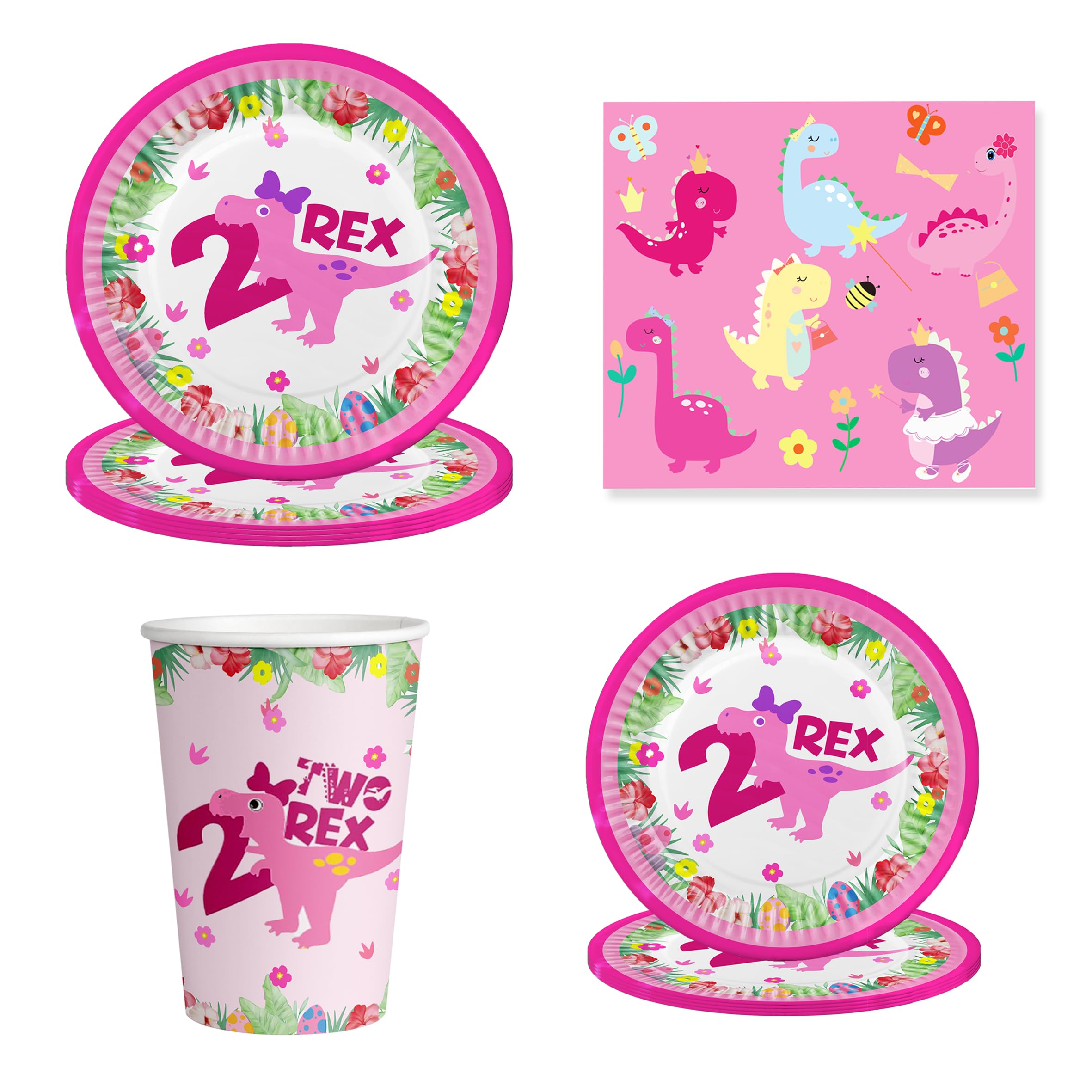 Dinosaur 2nd Birthday Party Supplies for Girls - T-Rex Theme Decorations with Plates, Cups, Napkins Featuring '2' Logo, Perfect for 20 Guests, Ideal for Toddler Birthday Celebrations & Dino-Themed Parties