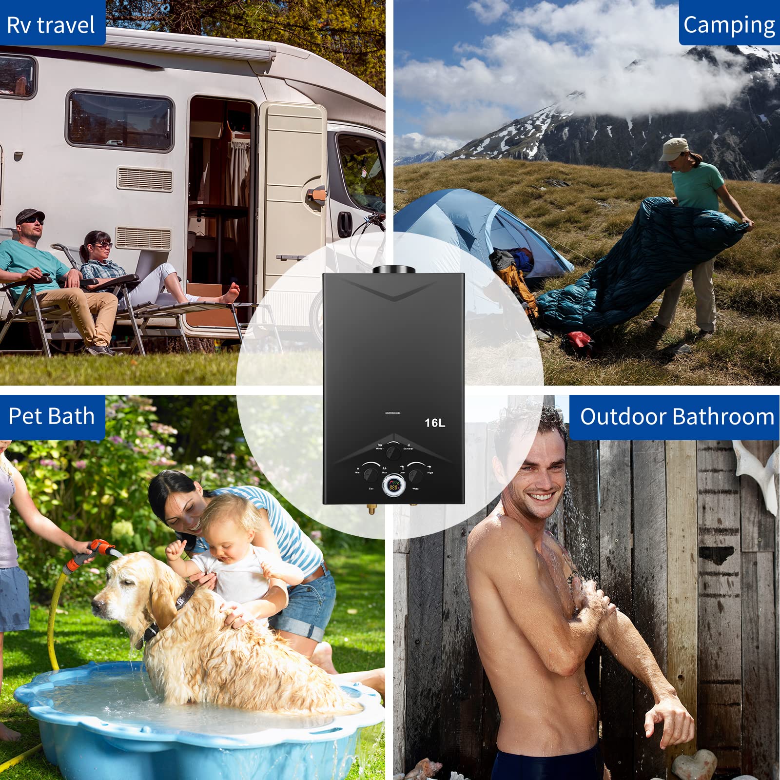 4.21GPM 16L Outdoor Portable Tankless Propane Water Heater with Digital Display - Instant Hot Water for Camping, RV, Boat Cabins & Off-Grid Living - Multi-Protection Safety System