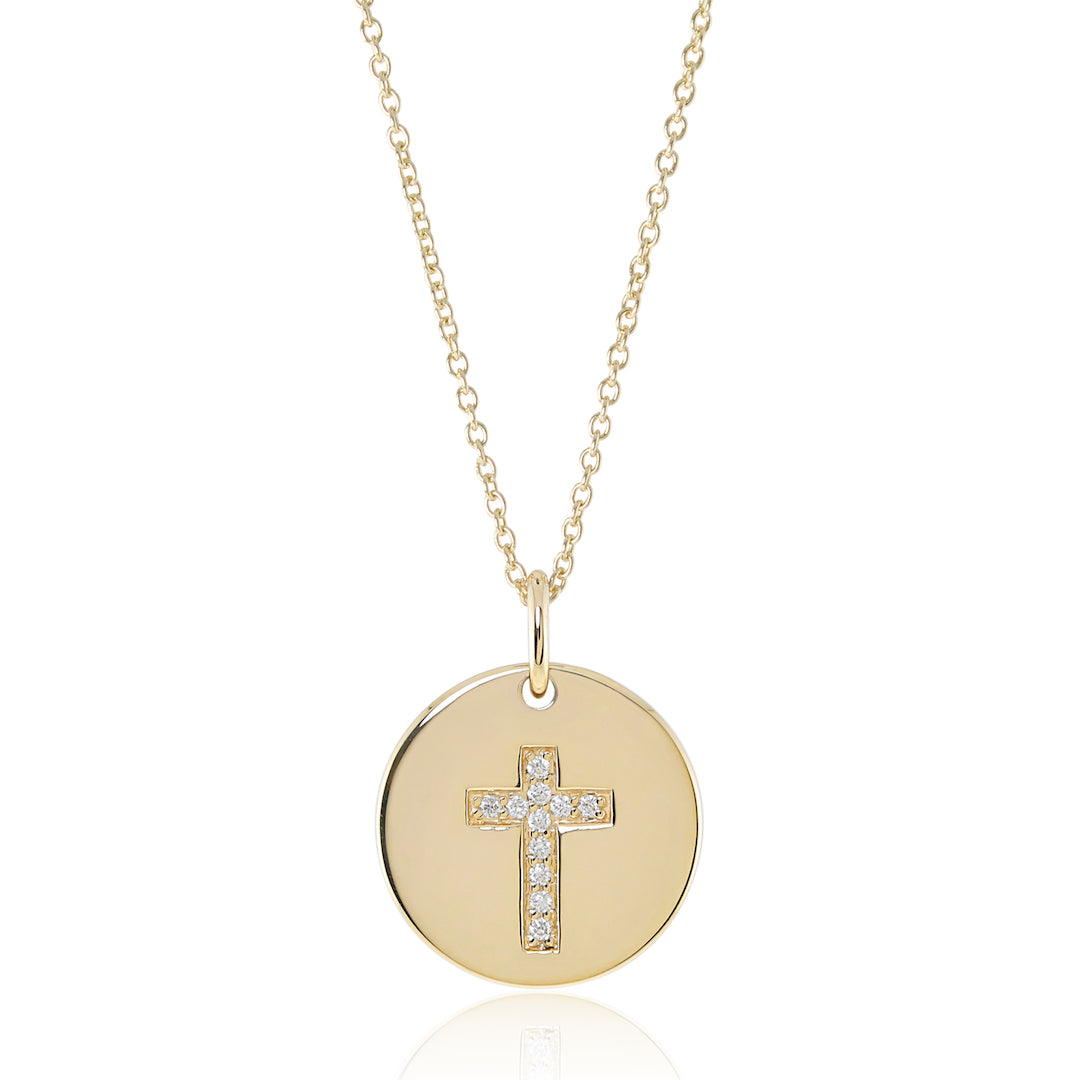14K Gold Diamond Cross Round Pendant Necklace for Women - Elegant Religious Jewelry Gift for Christmas, Baptism & Everyday Wear