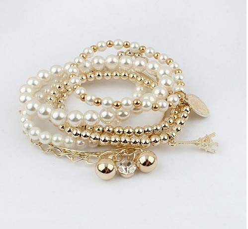 Ochoos European Style Multilayer Coin & Eiffel Tower Bracelet Set for Women - Trendy Beaded Star Tassel Bangles in Gold Metal - Perfect for Parties, Dating & Everyday Fashion Accessories