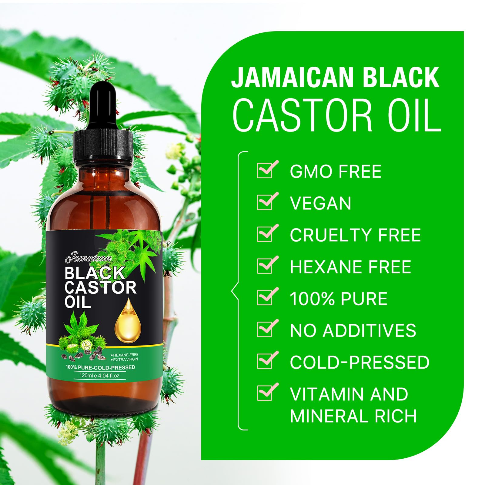 Organic Jamaican Black Castor Oil 4oz - Cold Pressed, Unrefined for Hair Growth, Skin Care, Eyelashes & Eyebrows - Natural Nourishment in Glass Bottle - Perfect for Daily Hair & Skin Routine, DIY Beauty Treatments