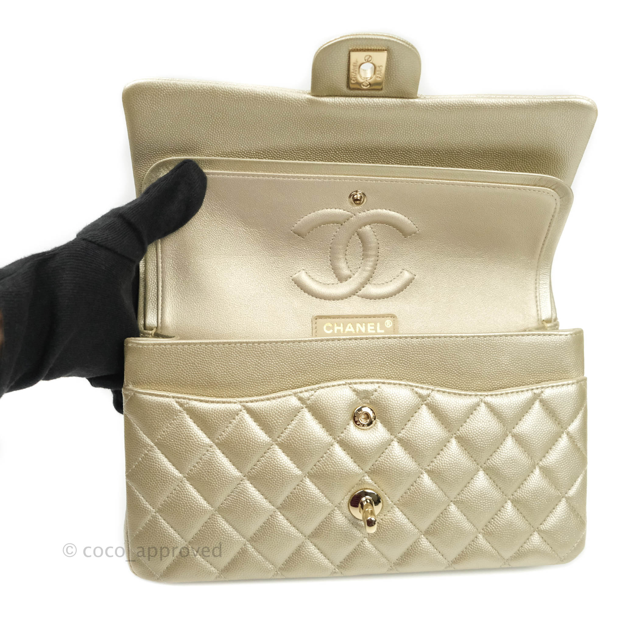 Chanel Classic Medium Double Flap Bag in Light Gold Caviar Leather with Gold Hardware | Luxury Designer Handbag for Women | Perfect for Work, Evening Events & Special Occasions